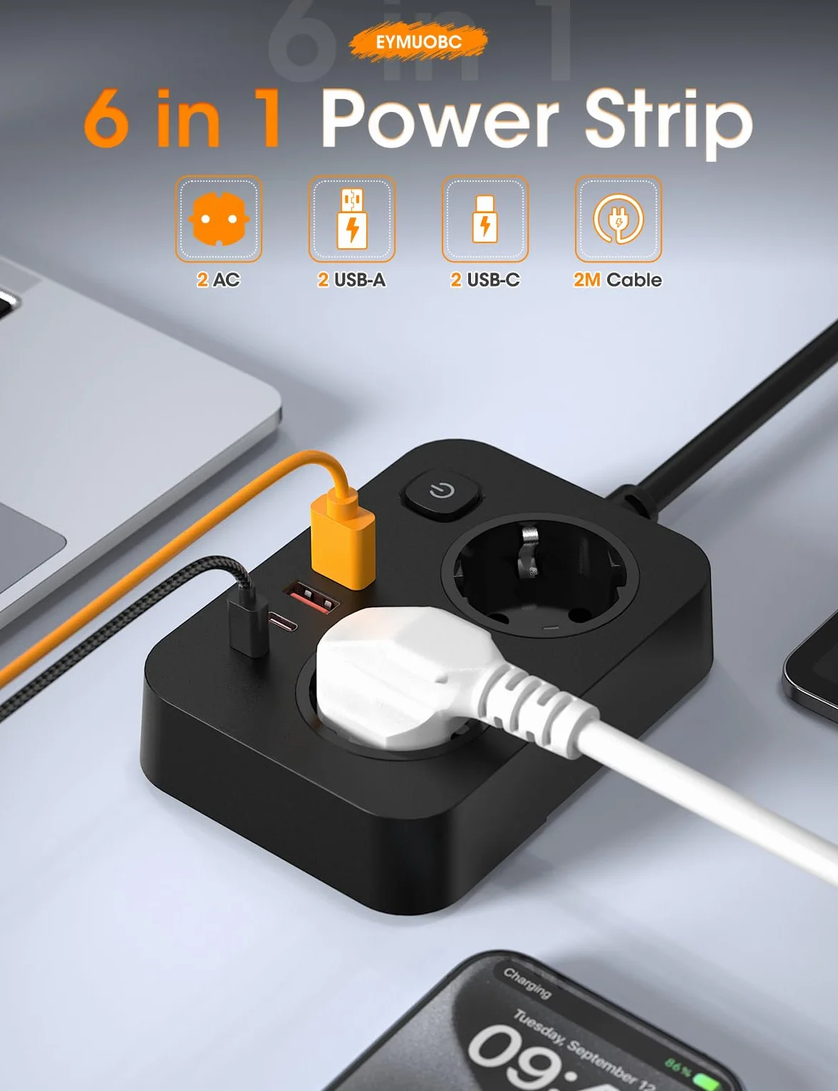 Listwa Przedłużaczowa 6-w-1 z USB-C Ładowaniem Gniazda z Wyłącznikiem i 4 Porty USB, Przewód 2m, Do Domu