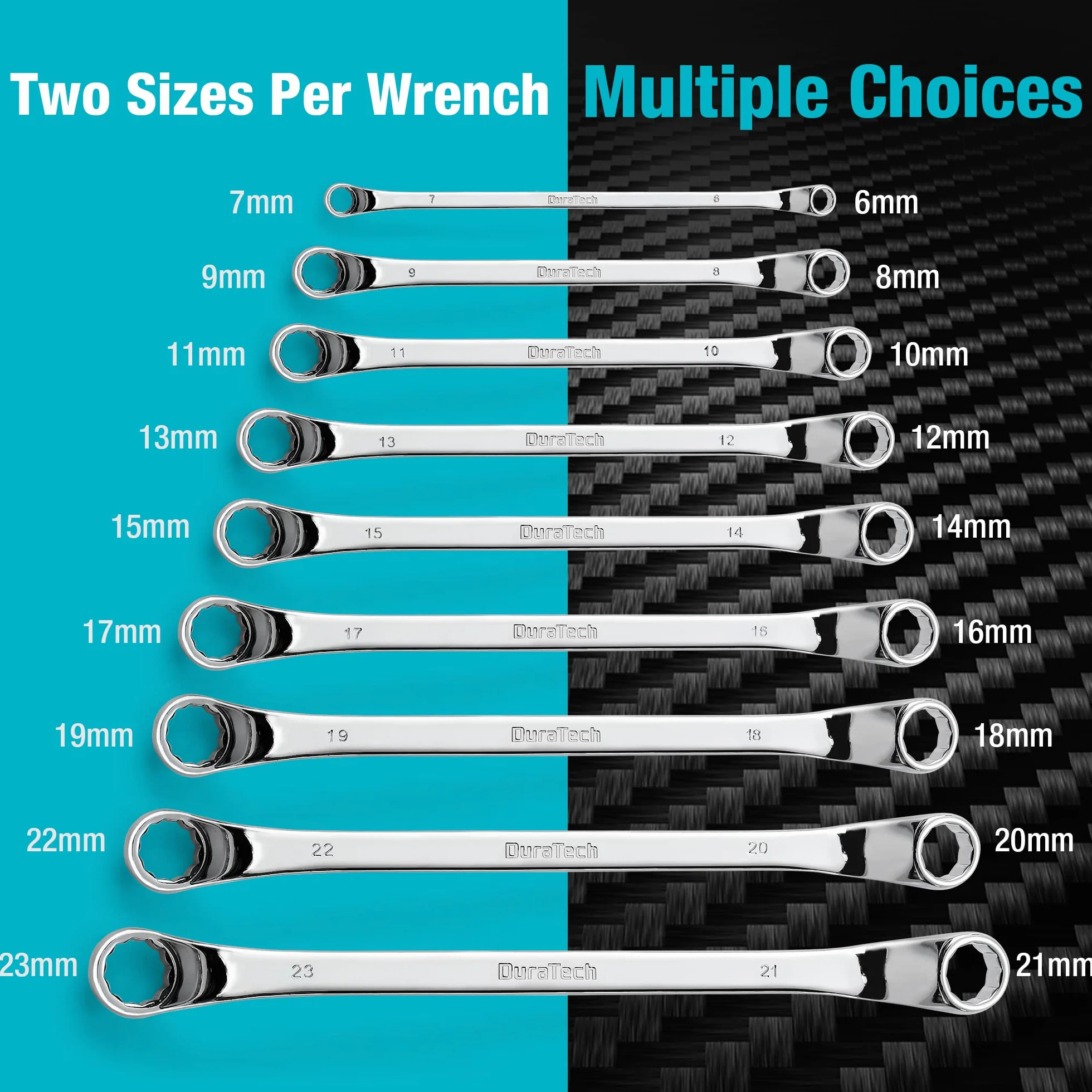 DURATECH Zestaw podwójnych kluczy oczkowych, 9-częściowy, 6-23 mm, wygięty pod kątem 75 stopni, stal chromowo-wanadowa, w zestawie torba zwijana
