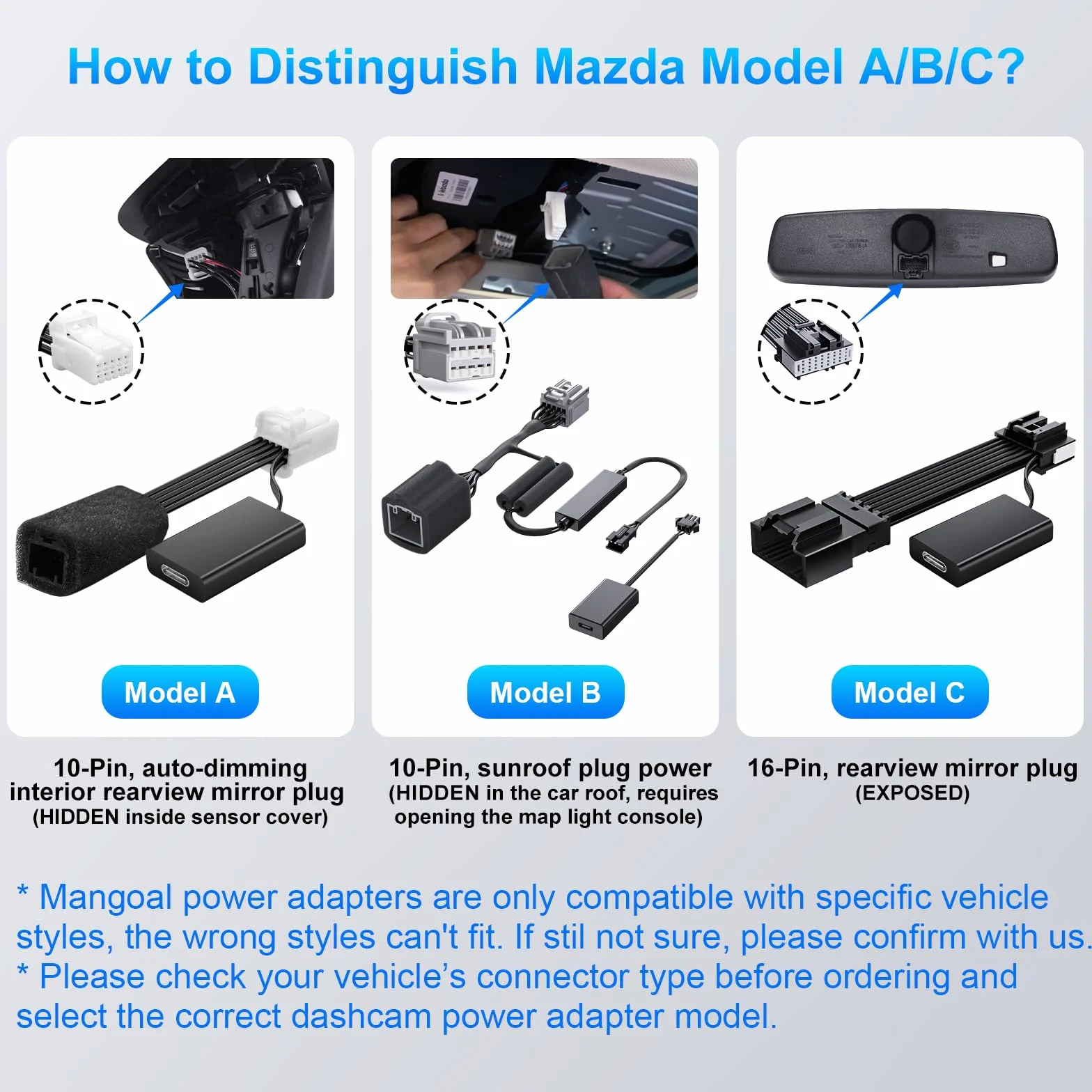 Mazda Dashcam Power Adapter 10 Pin Model A for CX3 CX5 CX9 CX30 CX50 MX30 Auto-Dimming Rearview Mirror