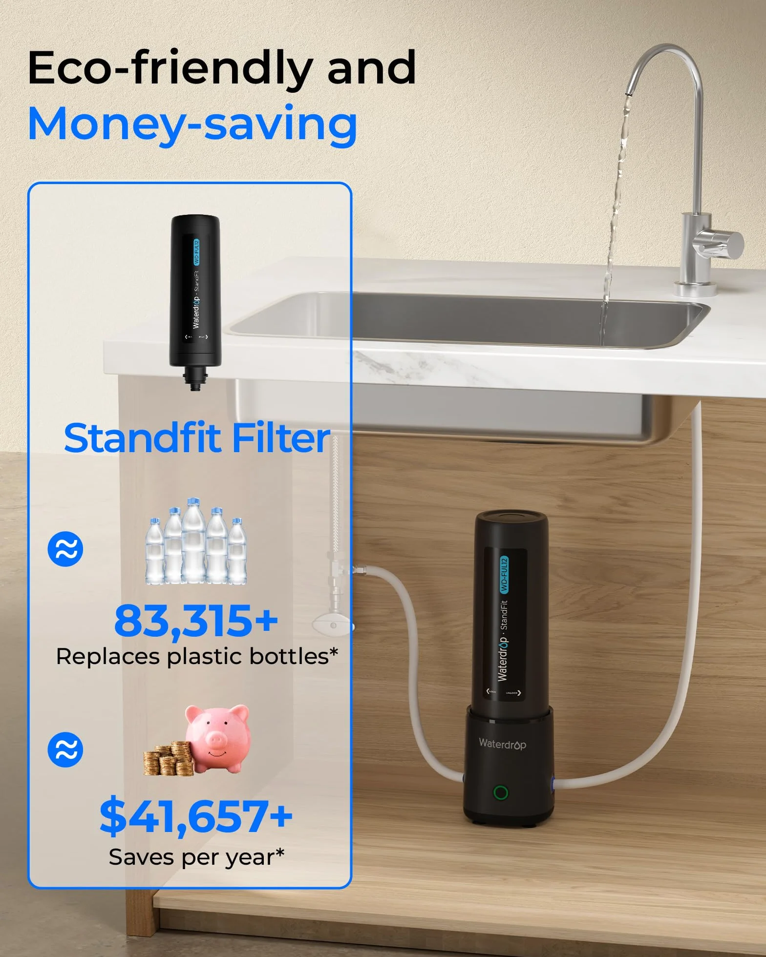 Waterdrop UL12B system filtrów do wody pod stół, z kranem, nie wymaga wiercenia, łatwa instalacja, redukuje PFA, ołów, chlor, nieprzyjemny smak i zapach, 11000 litrów