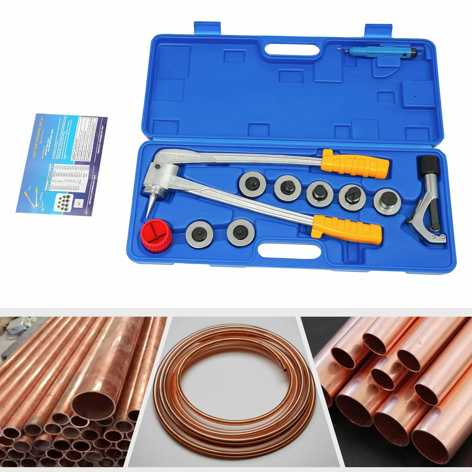Zestaw szczypiec do rur rozprężnych 4-28 mm, 7 głowic miedzianych aluminiowych + narzędzie zaciskania skrzynek, niebieskie,Wysoka trwałość