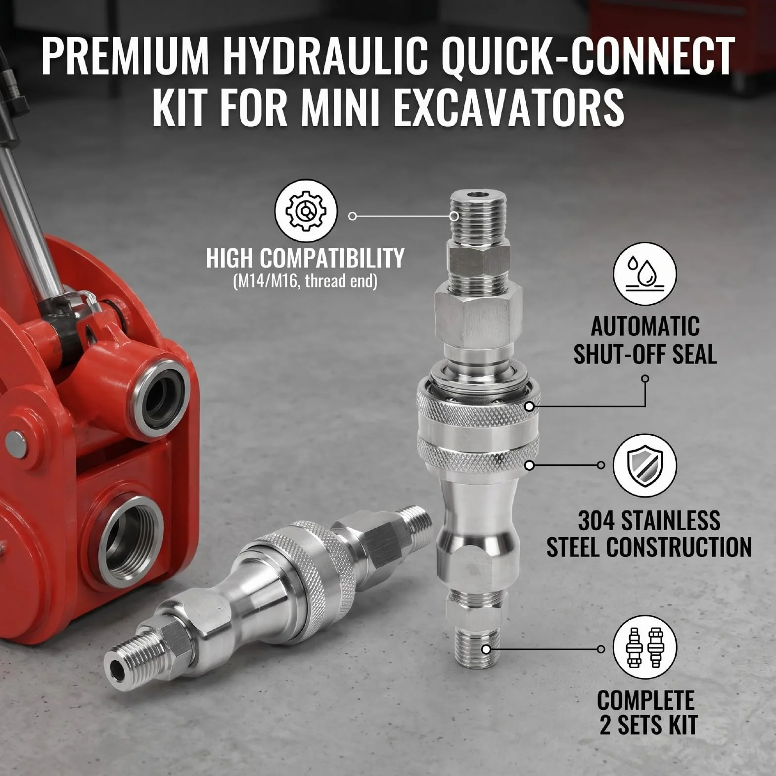Luocute Hydrauliczny Adapter do Szybkiego łączenia, M14 żeński na Męski | do minikoparki, 2 zestawy złączy metrycznych do osprzętu kompaktowego, zestaw do konwersji złączy hydraulicznych z gwintem