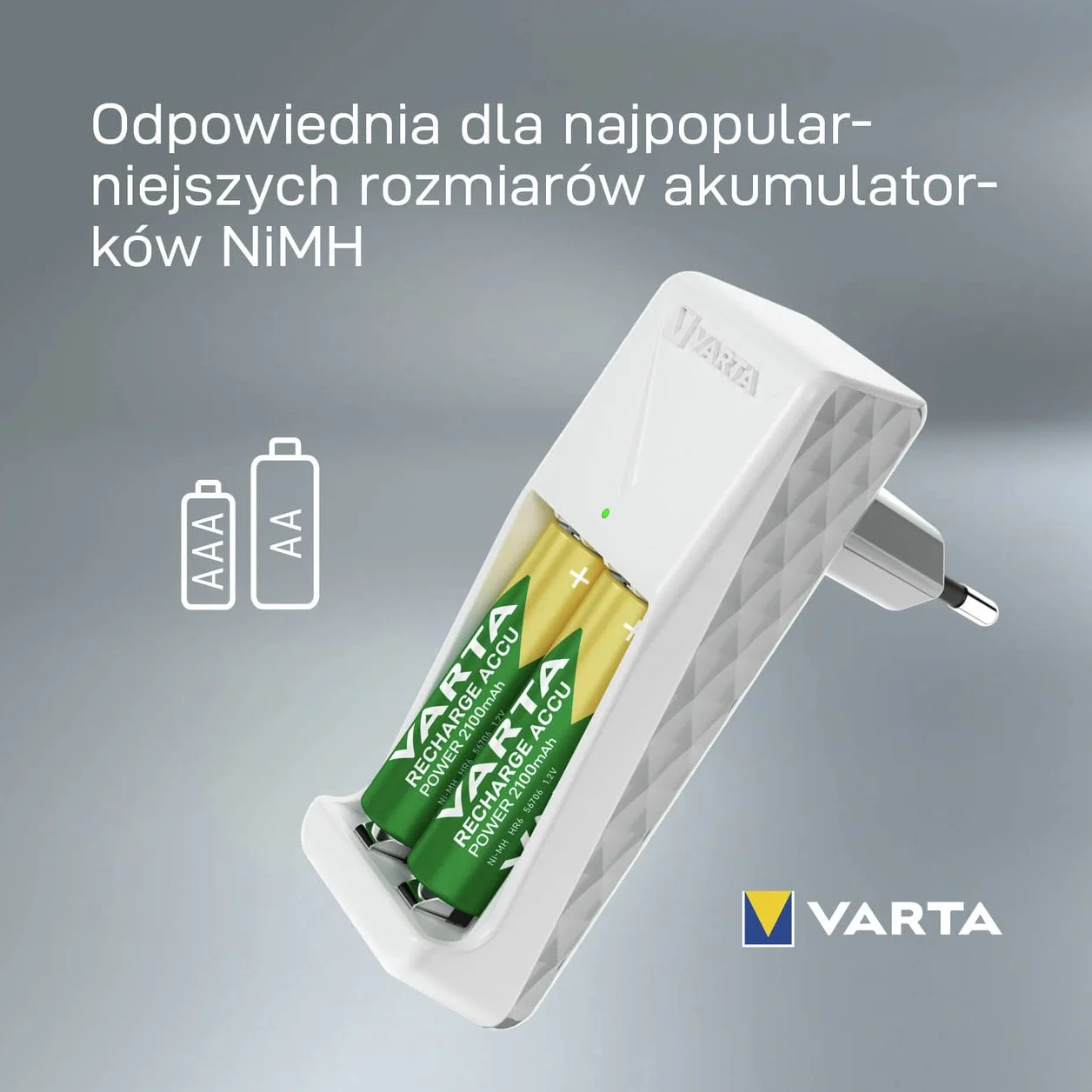 Varta MiniładowarkaMiniChargerna2akumulatoryniklowo-metalowo-wodorkowe(NiMH) AA,AAA(wtym2xakumulatorAAA800mAh),wtyczkaUE