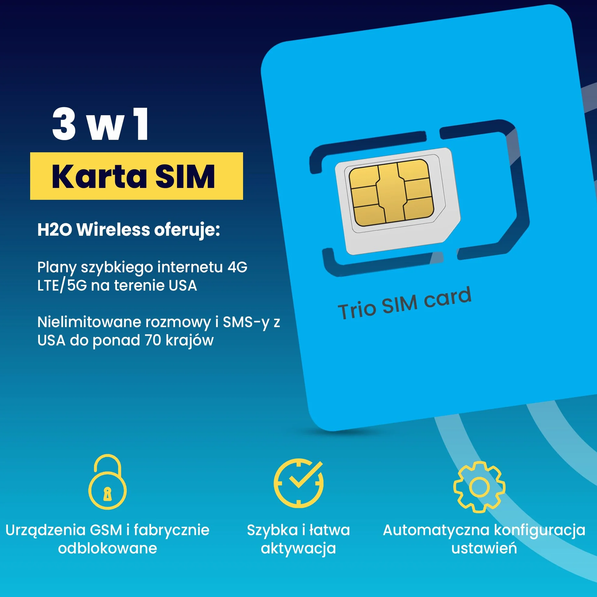 H2O Wireless Przedpłacona Karta SIM USA 30 Dni 3GB 4G LTE/5G + 2GB Hotspotu Nielimitowane Dane Rozmowy SMS