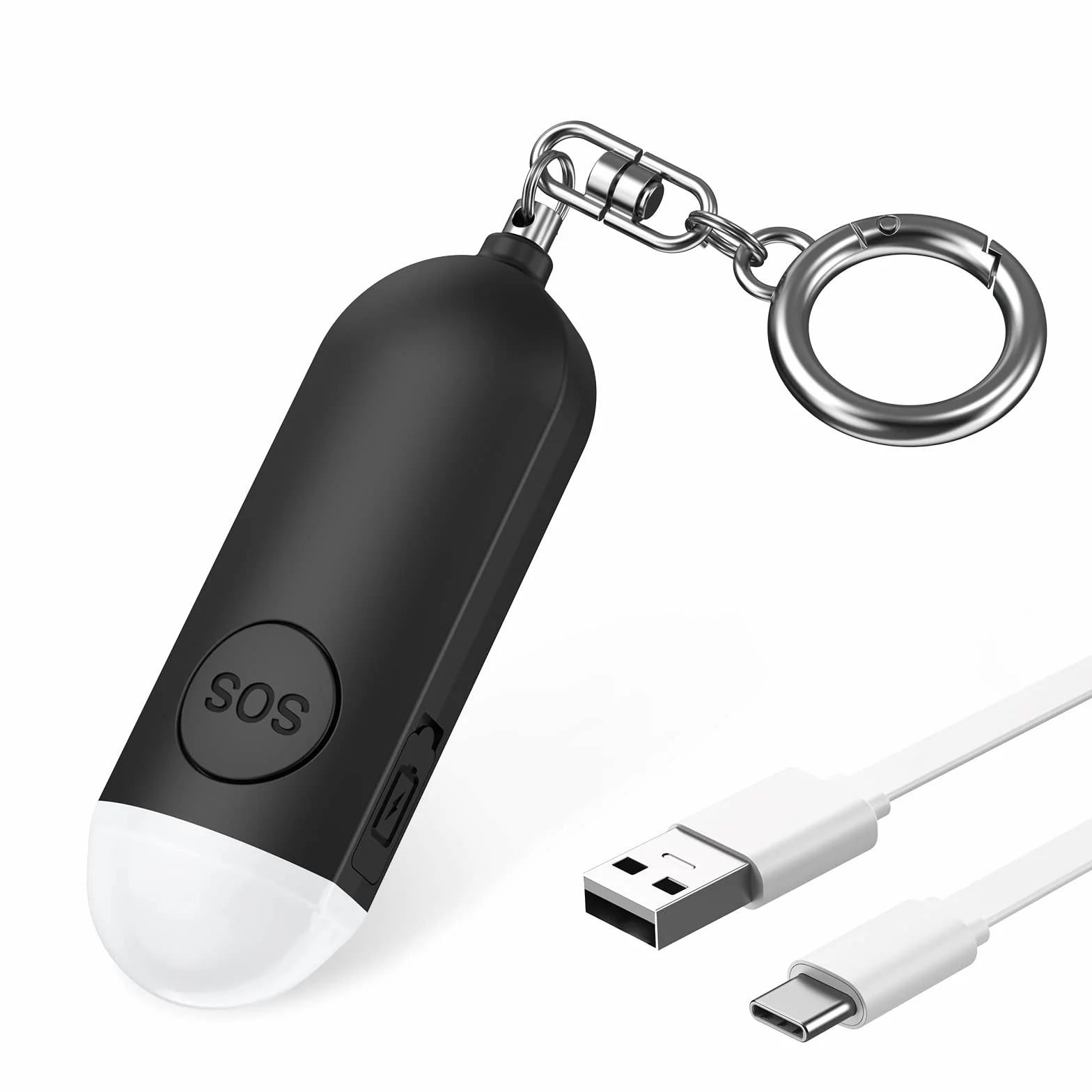 Osobisty alarm 130 dB, syrena ze stroboskopem LED, sygnał błyskowy LED, ładowany przez USB, breloczek do kluczy