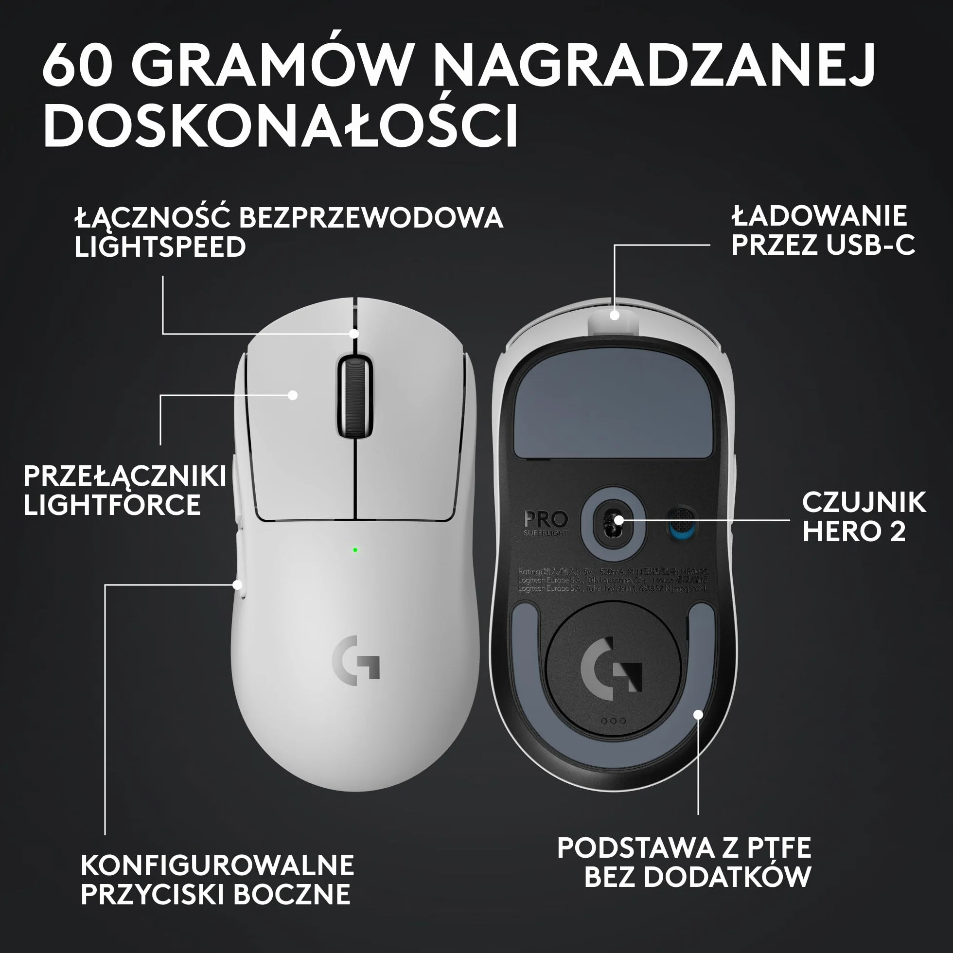 Logitech G PRO X SUPERLIGHT 2, bezprzewodowa mysz do gier, 60 g, 44 tys. DPI, 8 kHz, USB-C, PC/Mac-Biały
