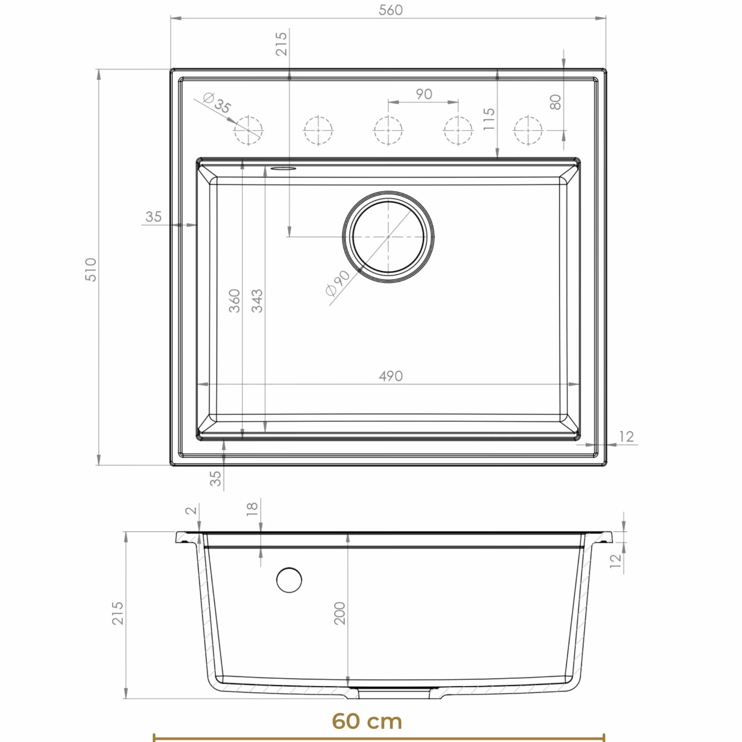 SINK Quality zlewozmywak czarny granit 56 x 51 cm – nowoczesny zlewozmywak kuchenny z deską do krojenia, syfonem Pop Up, ociekacz, środek impregnujący – zlewozmywak do zabudowy do szafki pod umywalkę