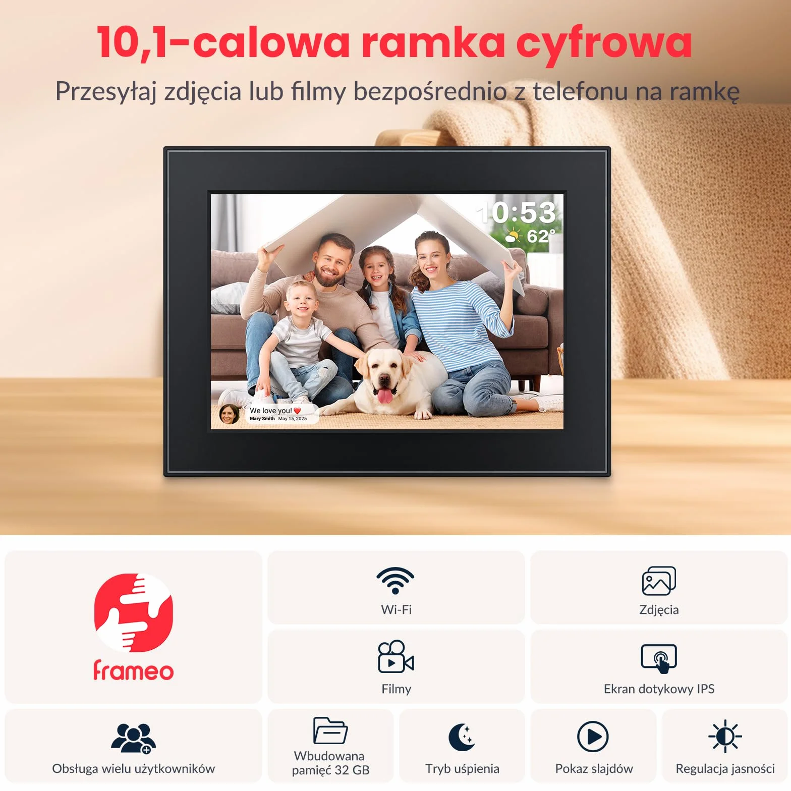 FRAMEO cyfrowa ramka na zdjęcia 32 GB, ekran dotykowy IPS 10,1", inteligentna cyfrowa ramka na zdjęcia, łatwa konfiguracja do udostępniania zdjęć lub filmów za pomocą