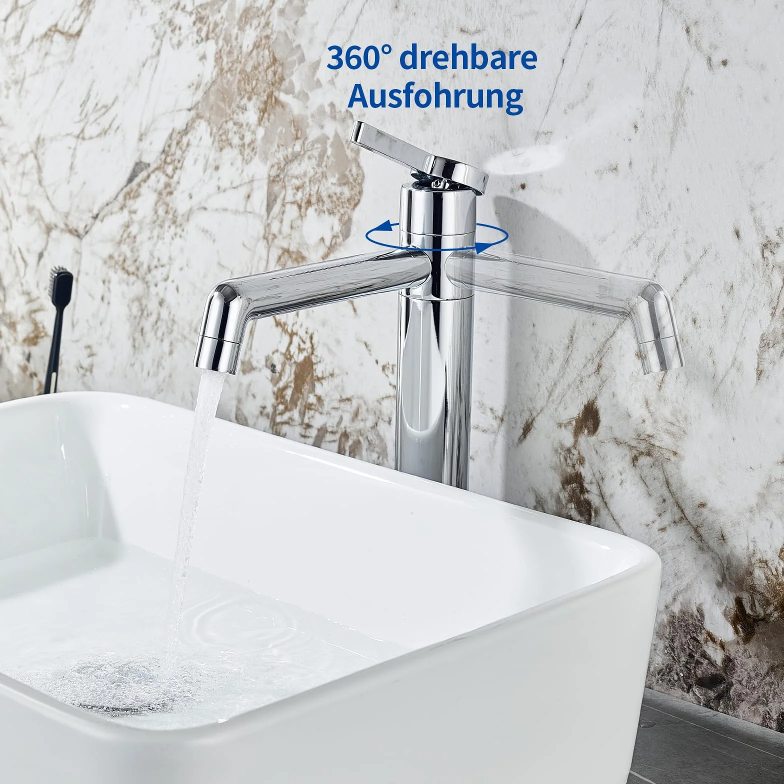 Wysoki kran łazienkowy w chromie o wysokości dyszy 203 mm, armaty z mosiądzu z krzyżem obrótnym o 360° – armaty do umywalki, przeznaczona dla łazience oraz toalety gościnnej
