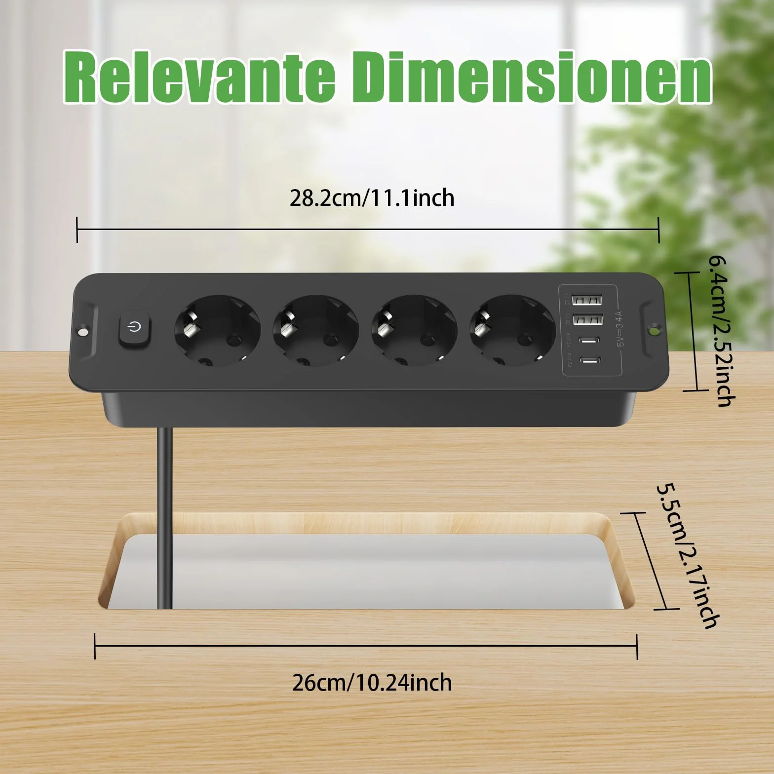 Wysuwane gniazdo wtykowe z 4 gniazdami, listwa zasilająca do zabudowy z 2 USB, gniazdo wtykowe z 2 gniazdami USB C, blat stołu, wpuszczane gniazdko – kabel 2 m, kolor czarny