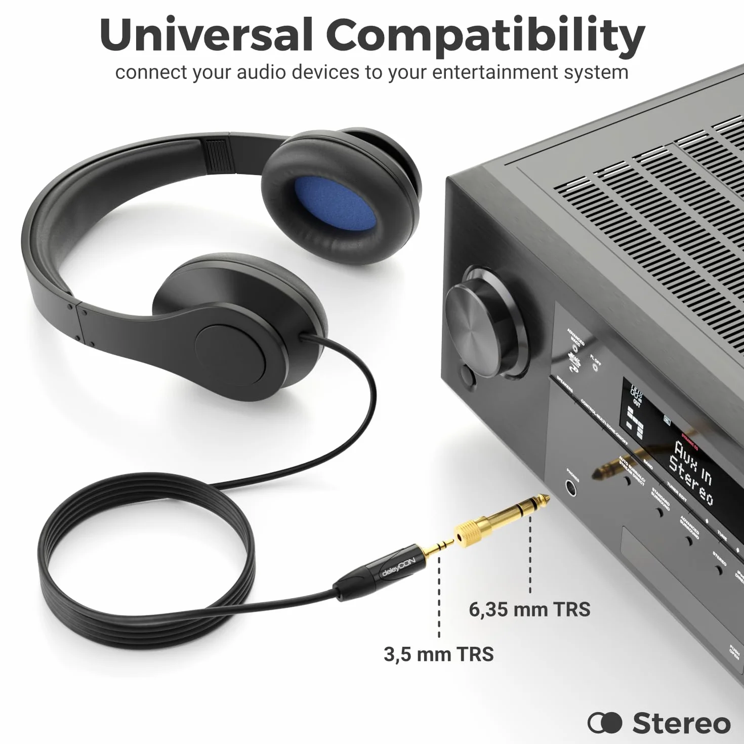 deleyCON Adapter Jack [1 Sztuka] 6,35mm do 3,5mm - Dźwięk Stereo Audio Sprzęgło - Do Słuchawek Gitara Odbiornik HiFi Wzmacniacz Kino Domowe Mikser Klawiatura TRS