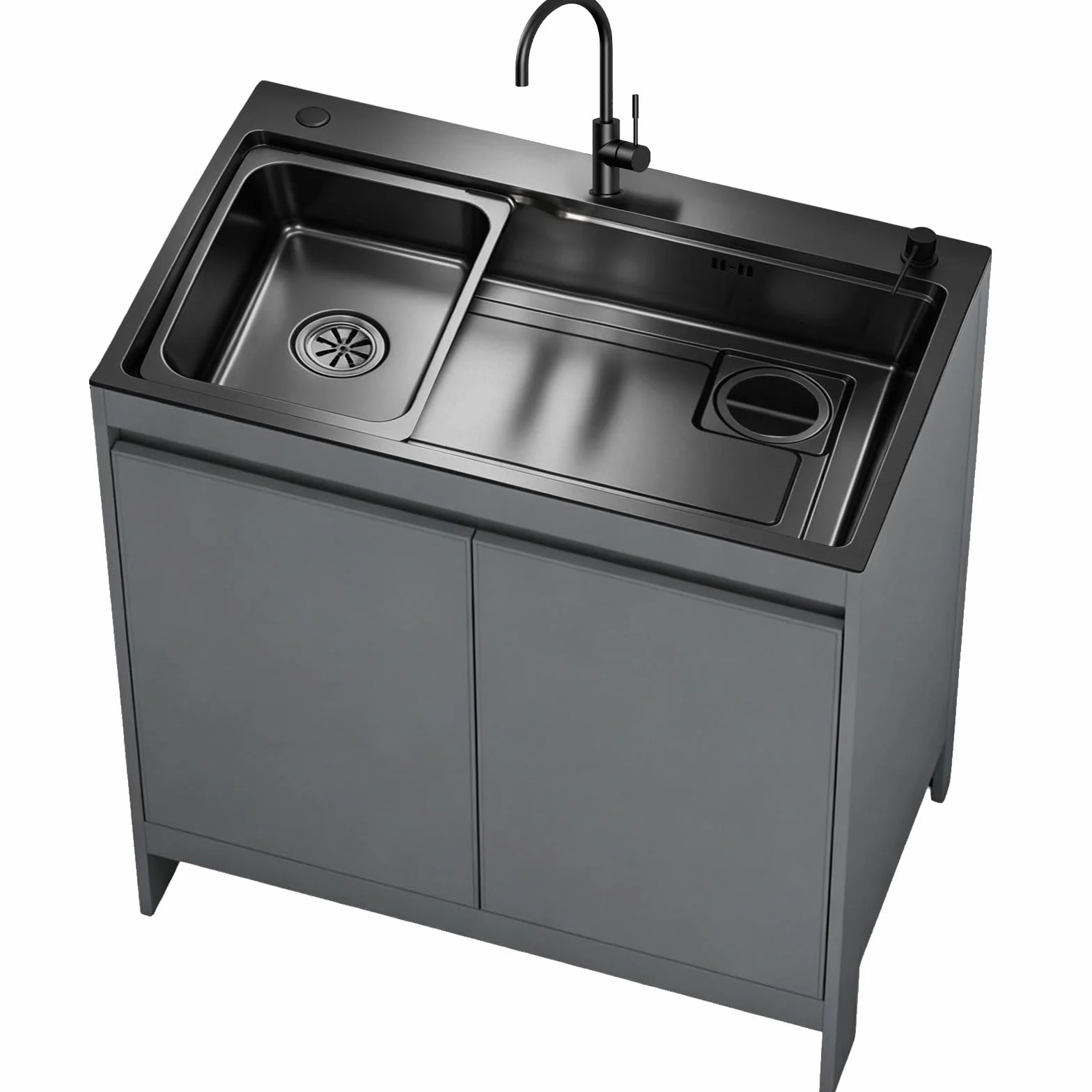 Szafka do umywalki, wodoodporna aluminiowa szafka o strukturze plastra miodu z umywalką Nano ze stali nierdzewnej czarnej, umywalka na zewnątrz/wewnątrz z kranem łabędzia szyja, biały/szary