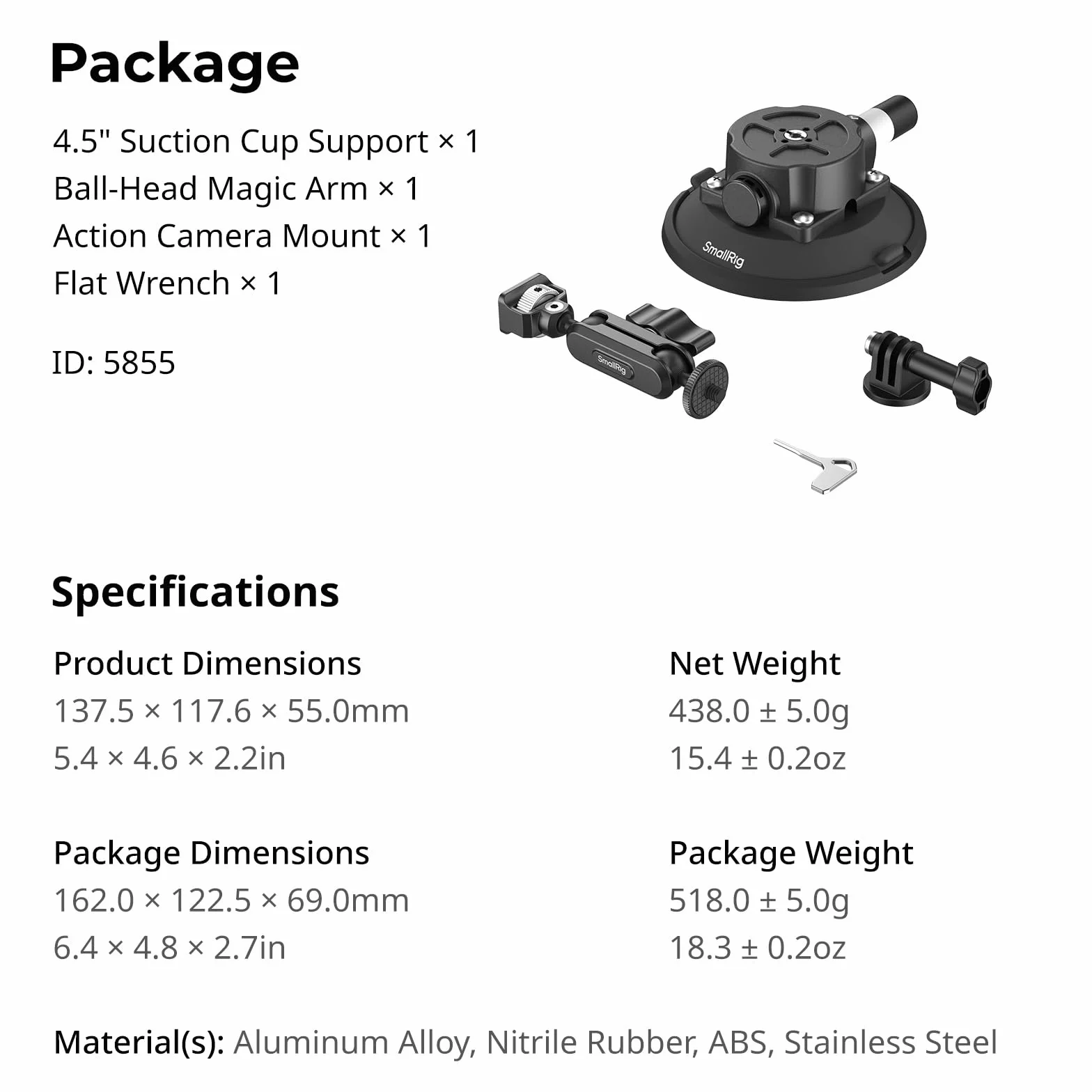 SMALLRIG Uchwyt 4,5" Magic Arm z przyssawką kulową do DJI Osmo Action 5 Pro/4, Insta360 x5, GoPro 13/12, udźwig 1,5 kg