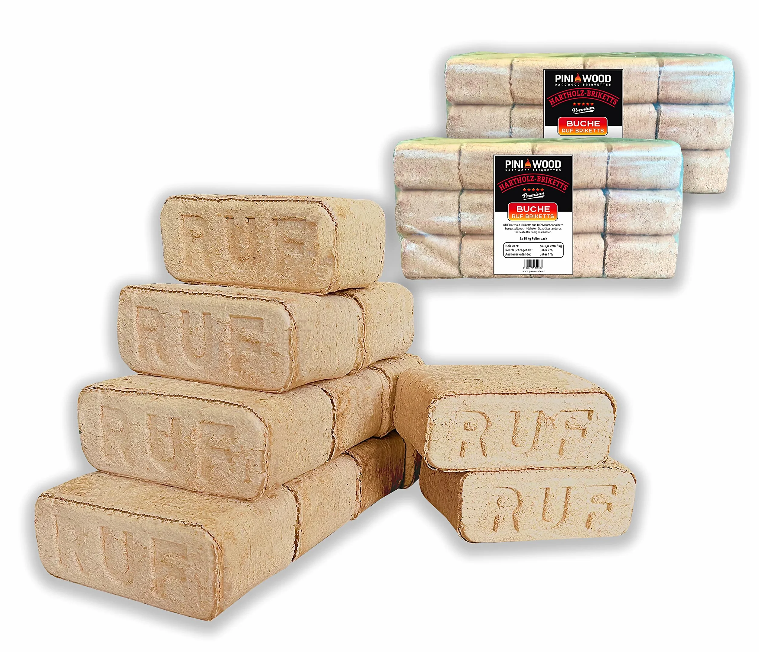 PINI Brykiet drewniany, 100% buk, brykiet z twardego drewna, RUF, kominek, piec, grill, palenisko, drewno opałowe, 20 kg