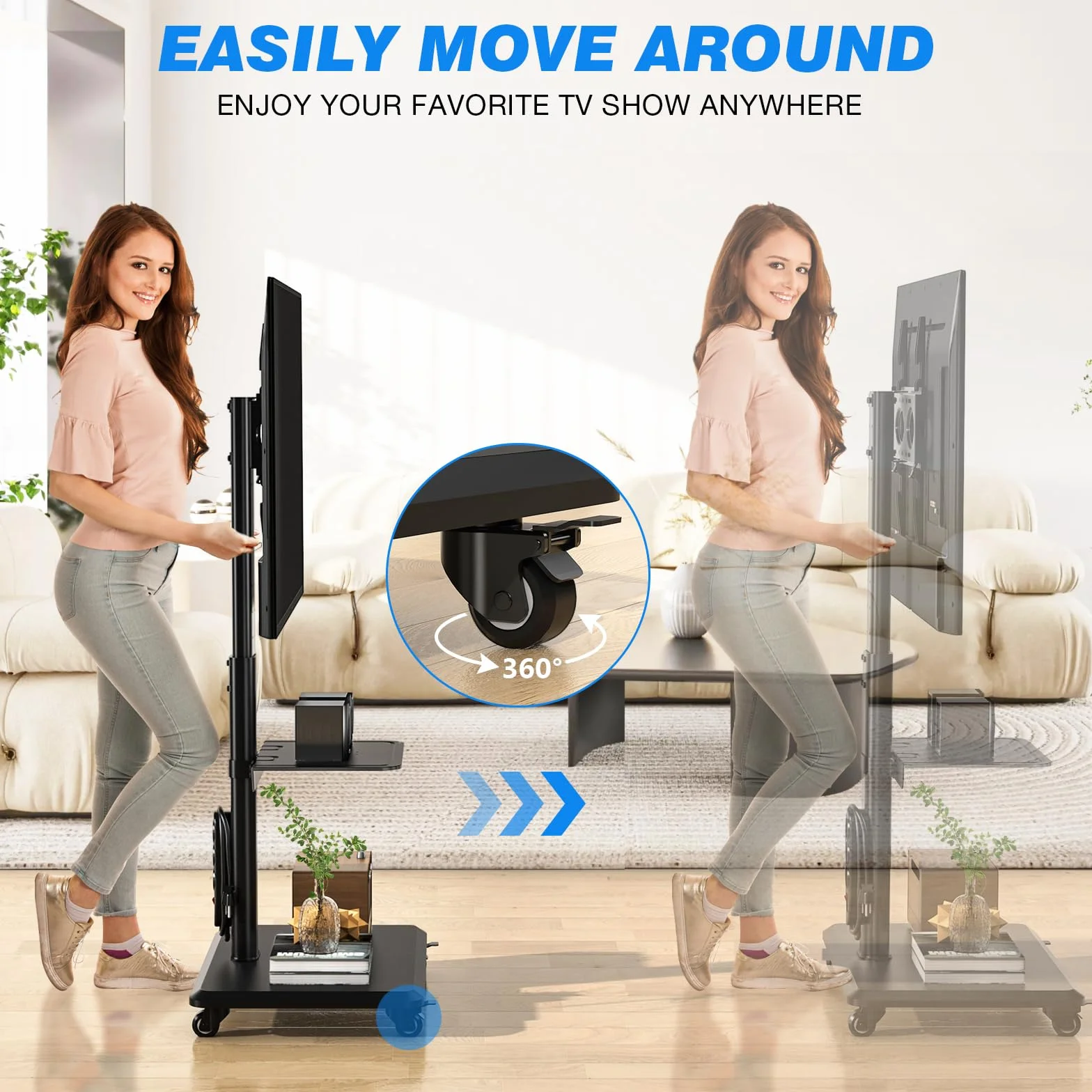 Mobilny stojak na telewizor na kółkach obrotowy z drewnianą podstawą 81.3–139.7 cm 400 x 400 mm