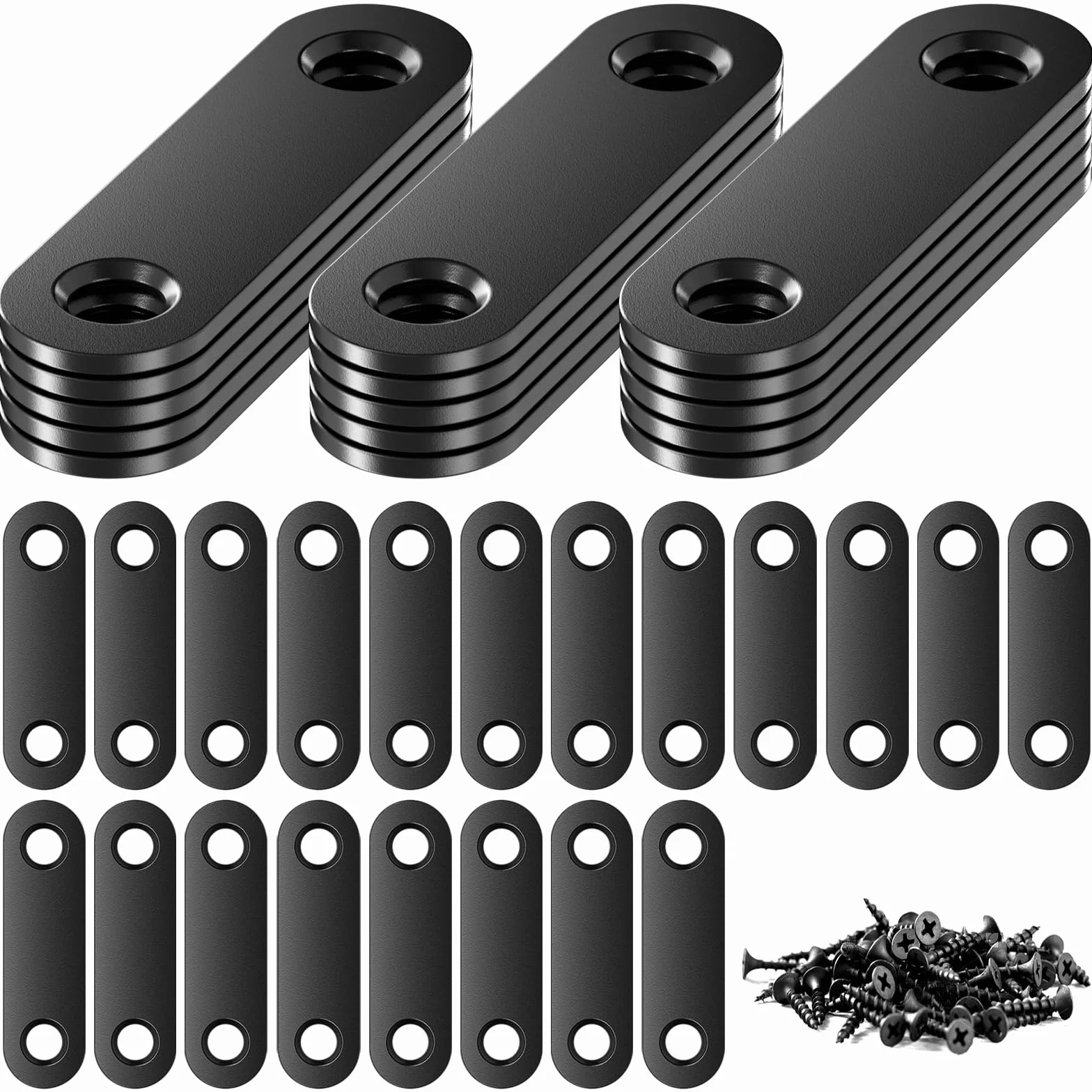 Płaskie łączniki czarne, 35 sztuk płaskich łączników ze stali nierdzewnej, płyta perforowana do drewna, płyta perforowana ze śrubami 56 × 16 × 1,8 mm, metalowy, płaski kątownik do łączników ze stali