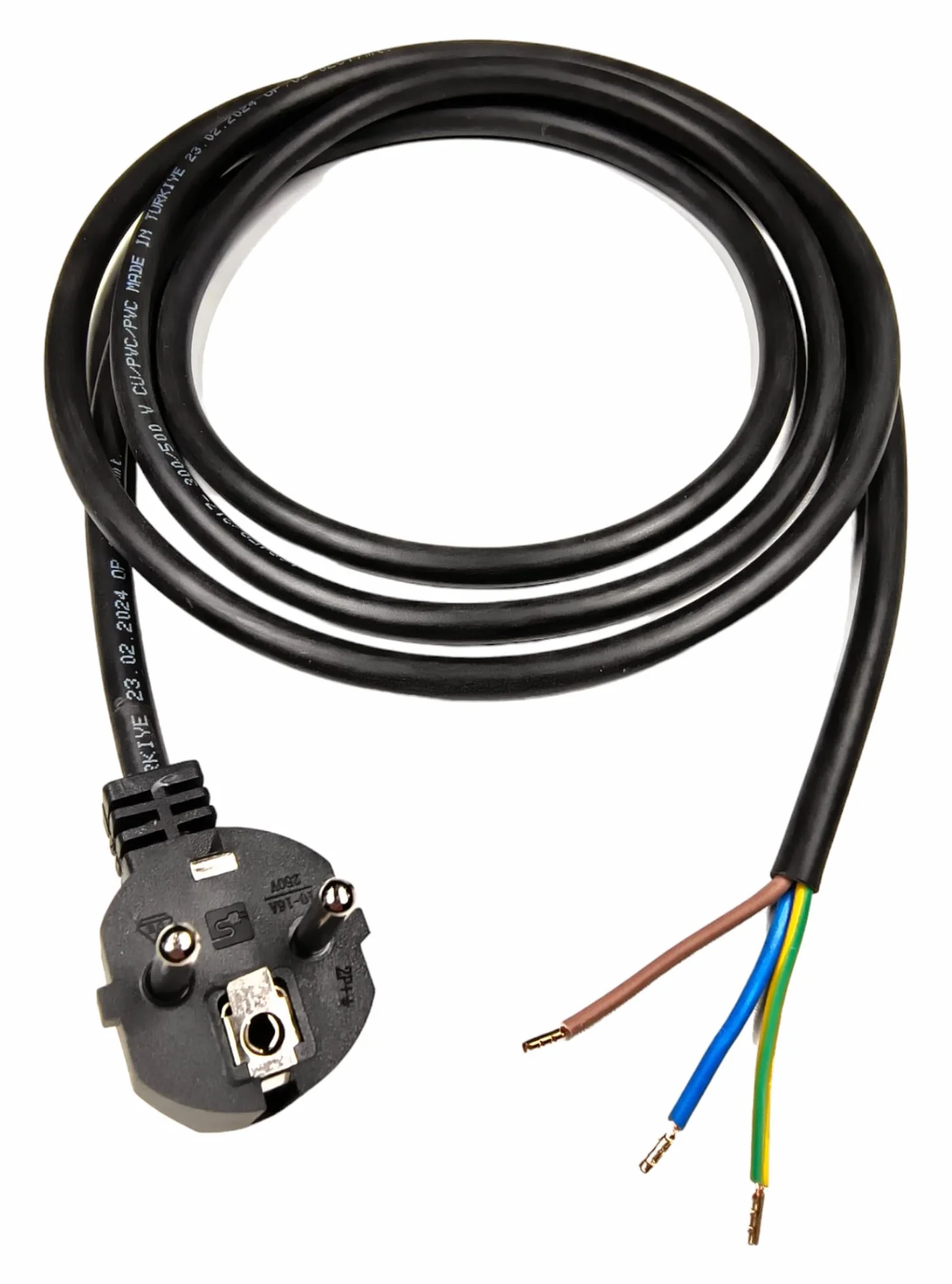Kabel Zasilający z Tulejkami, 2 Metry, 230V, 16A, IP20, Kabel Przyłączeniowy z Wtyczką Schuko, Kabel Zasilający Ze Stykiem Ochronnym, Kabel Przejściowy z Tulejkami, Czarny