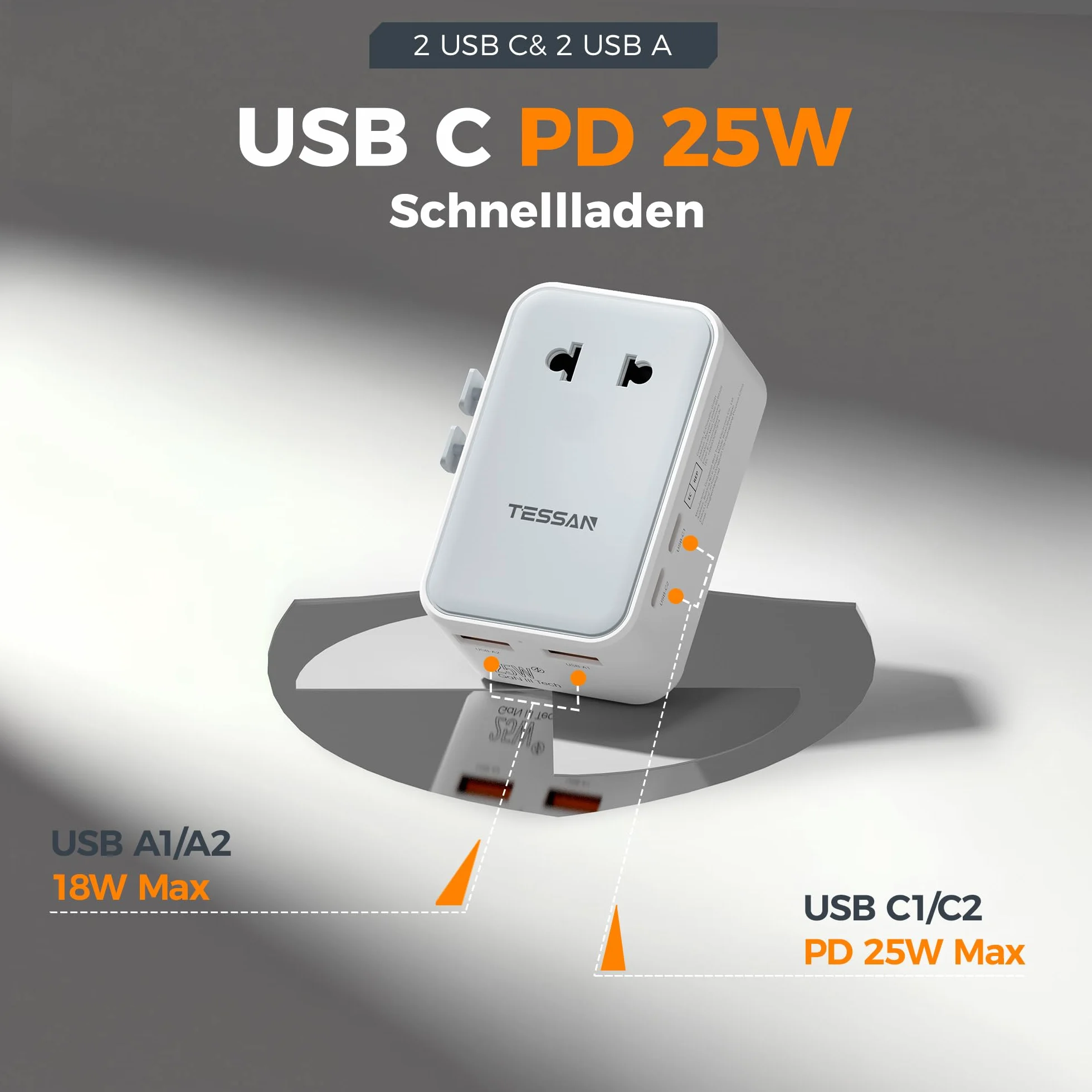 TESSAN Adapter podróżny PD 25W z 2 USB C i 2 USB A, uniwersalny do USA, UK, Japonii, Tajlandii, Australii, Chin