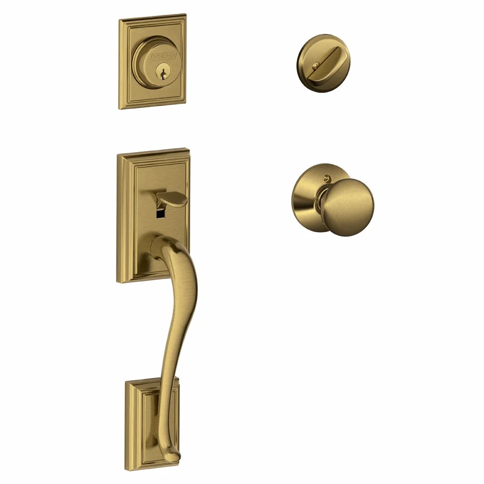 SCHLAGE Addison zestaw klamek z pojedynczym cylindrem i gałką do drzwi Plymouth, antyczny mosiądz (F60 ADD 609 PLY)