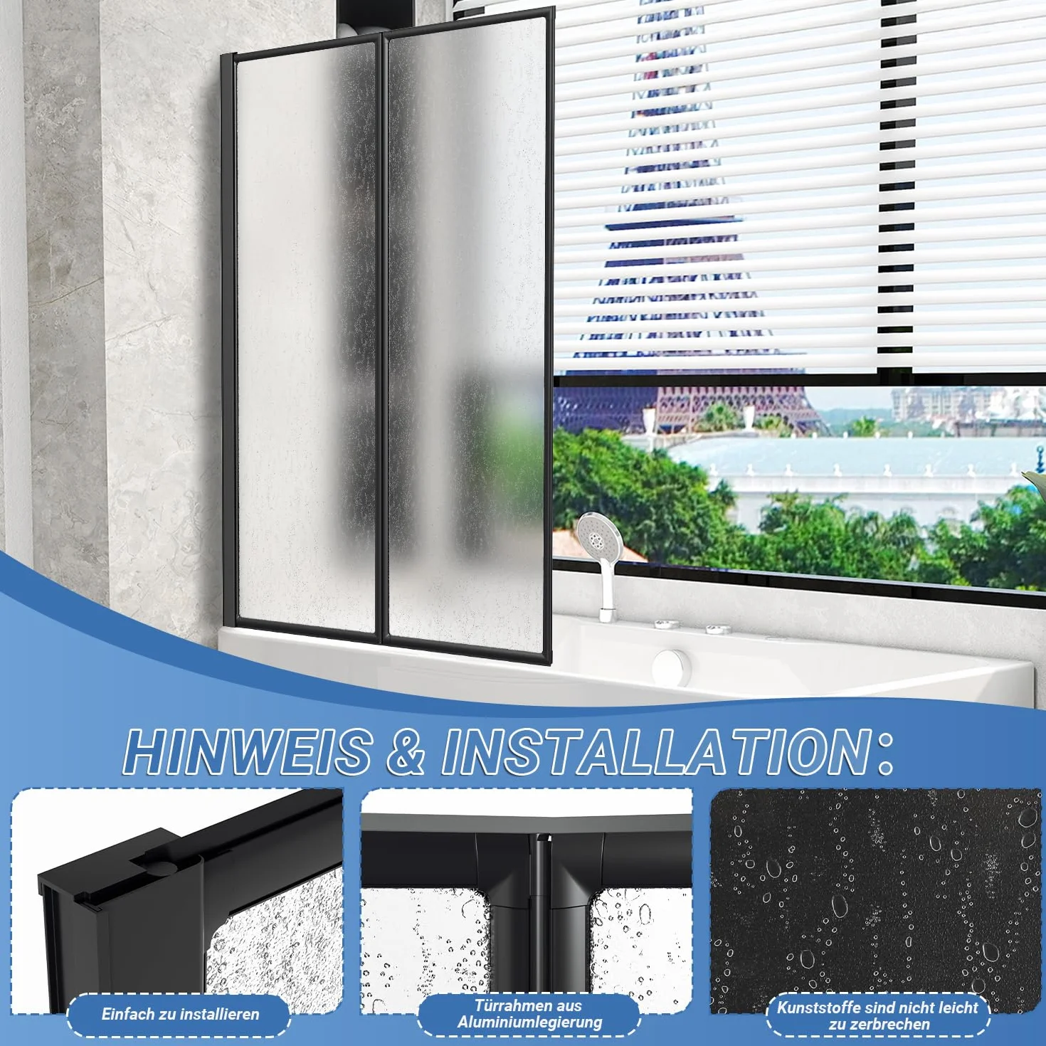 Ścianka prysznicowa do wanny 100 x 140 cm, 2-częściowa składana, tworzywo sztuczne PS, odporna na odpryski, czarna rama aluminiowa o matowej strukturze – oszczędzająca miejsce ochrona przed