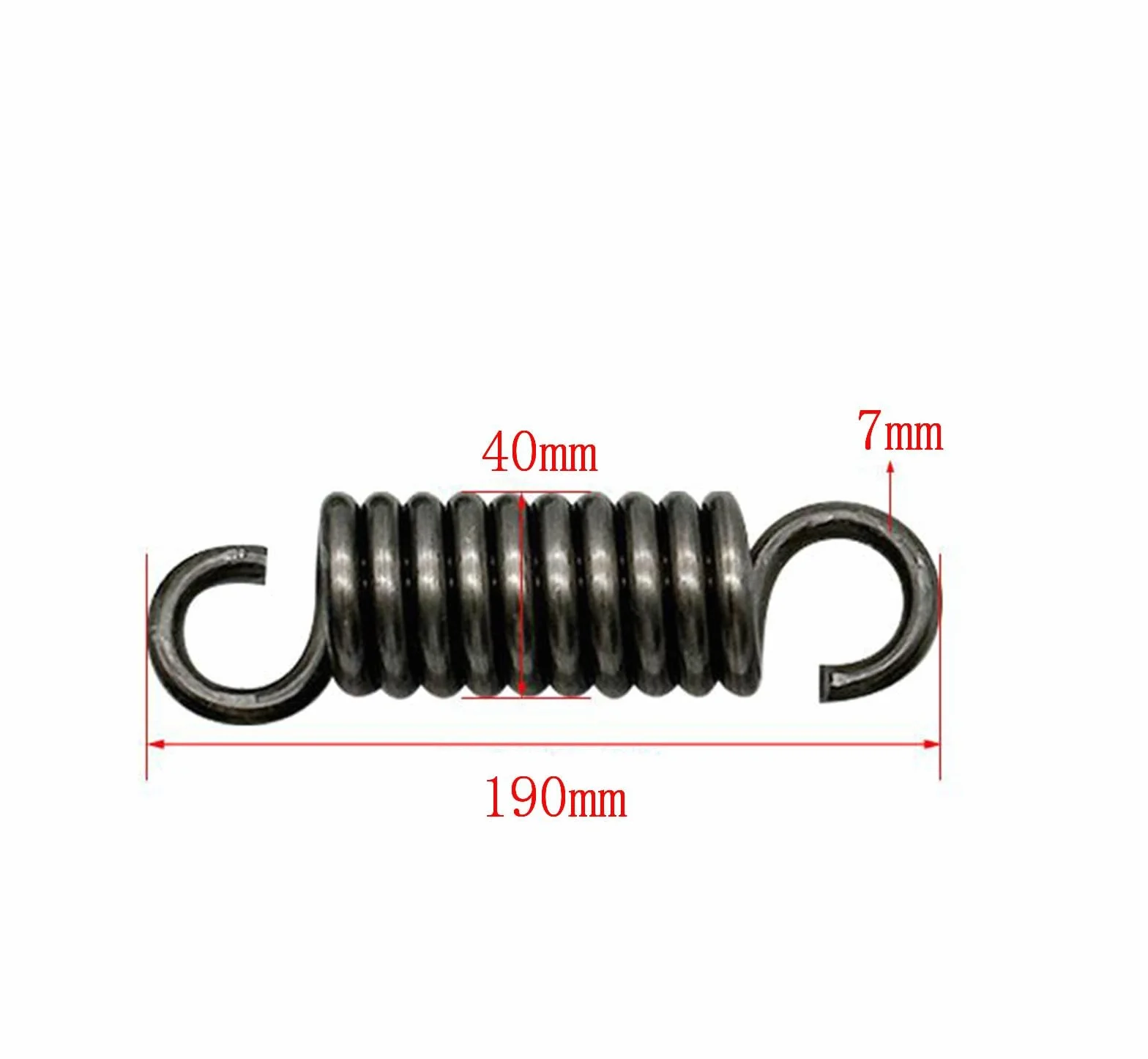 Podwójny hak sprężyny napinające 7 mm średnica drutu, 40 mm OD, długość swobodna 190 mm, stal sprężynowa przedłużona sprężyna, 1 sztuka