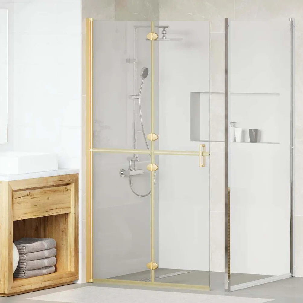 Ścianka prysznicowa Walk-In Gold 100 x 6,5 x 190 cm wykonana z aluminium i szkła hartowanego, składana, do łazienki, ochrona przed pryskaniem do prysznica bez barier i nowoczesna renowacja