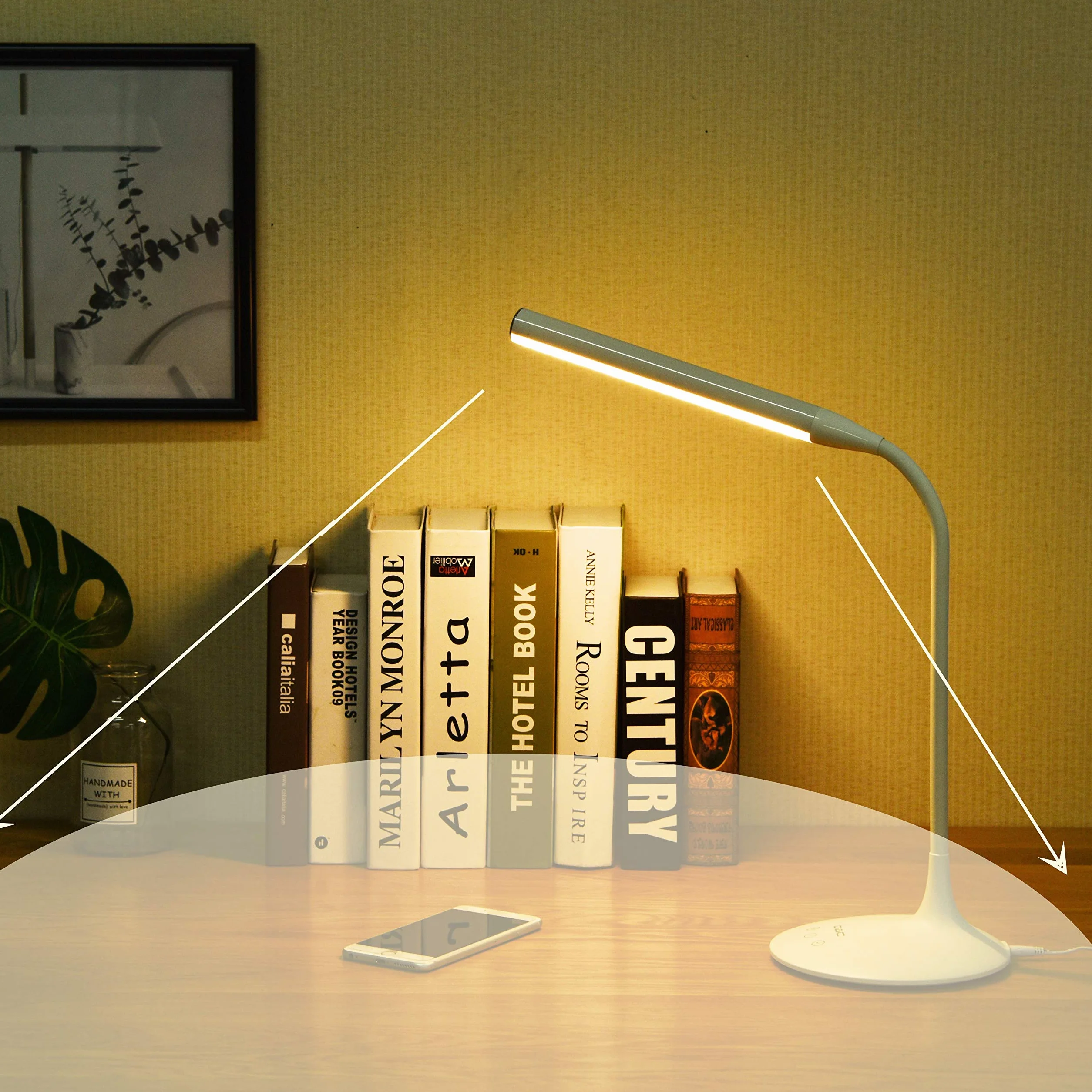 DAC Ergonomiczna lampa biurkowa LED 38.1 cm z elastyczną gęsią szyją, 3 tryby jasności, do czytania i nauki, inteligentny przełącznik dotykowy do ściemniacza i automatycznego timera, biała