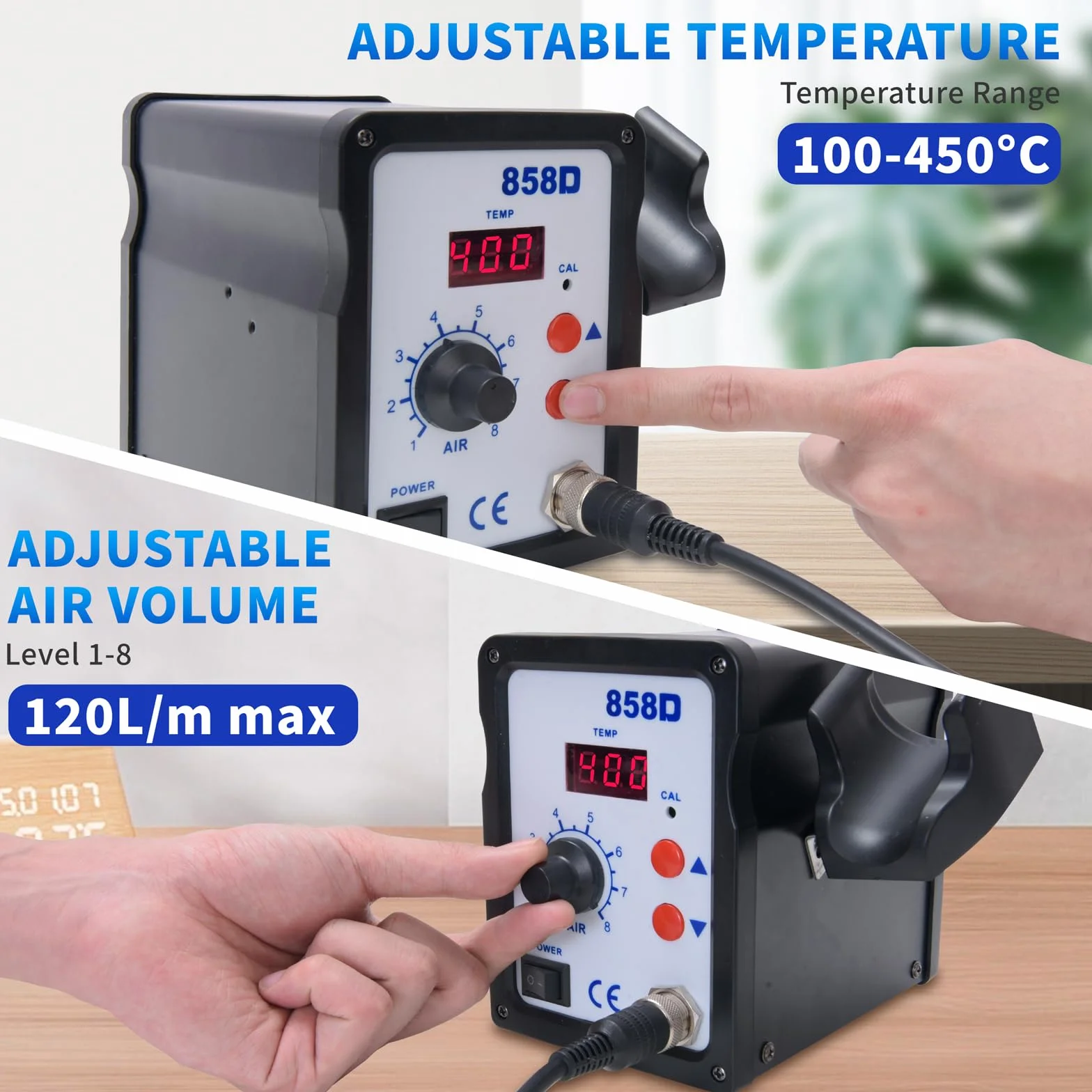 Stacja lutownicza na gorące powietrze 858D, stacja rozlutowująca 700 W z 3 dyszami gorącego powietrza, cyfrowy wyświetlacz 100-450°C, do lutowania SMD i rozlutowywania (wtyczka EU)