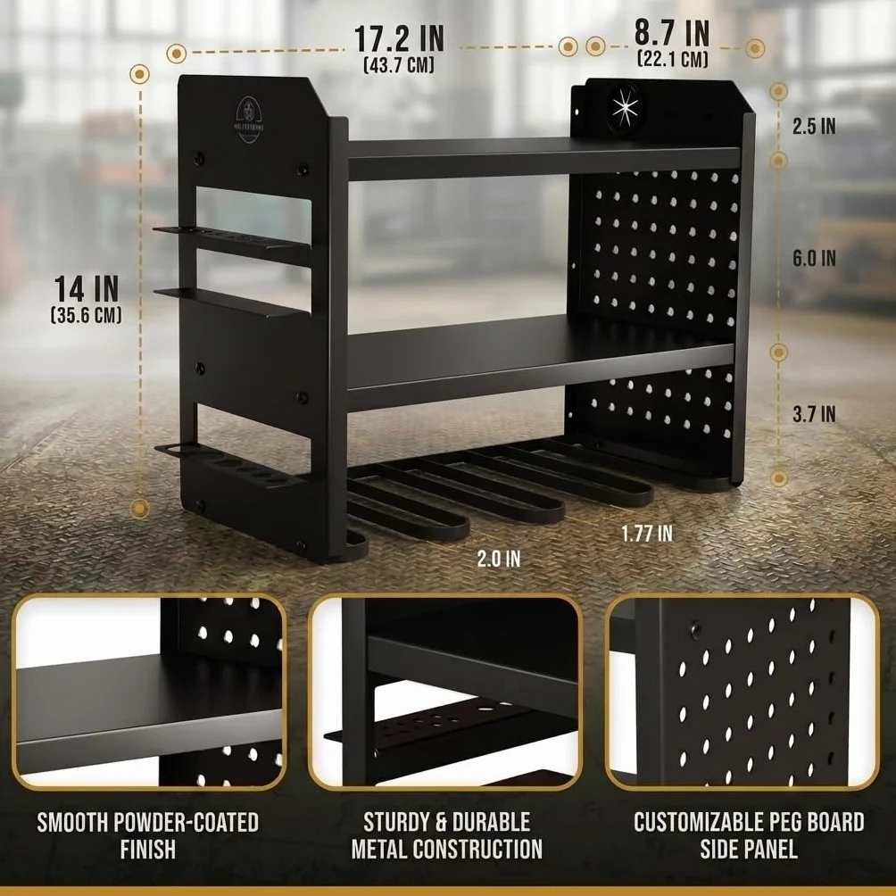 BUILTSTRONG Power Tool Organizer Wall Mount - 3-Tier Heavy-Duty Metal Hand Tool Storage Rack, Utility Racks, Drill Holder, PegBoard Side, & More - Garage Storage Cordless Tool Organizer (Black)