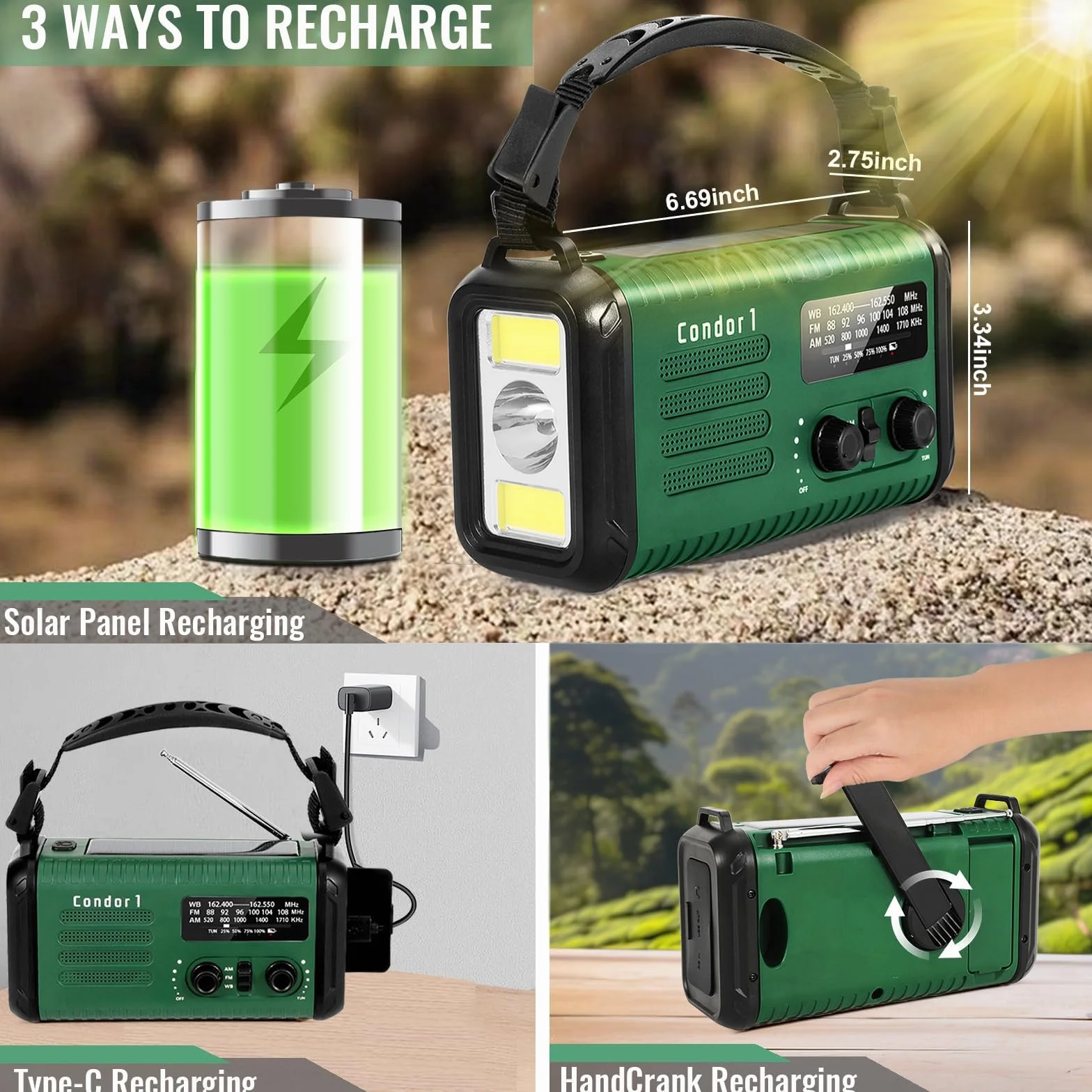 Radio awaryjne 20000 mAh / 74000 mWh, solarne radio z korbą ręczną AM/FM/NOAA, zasilanie bateryjne z ładowarką do telefonu komórkowego, alarmem SOS, latarką i lampą do czytania w nagłych wypadkach