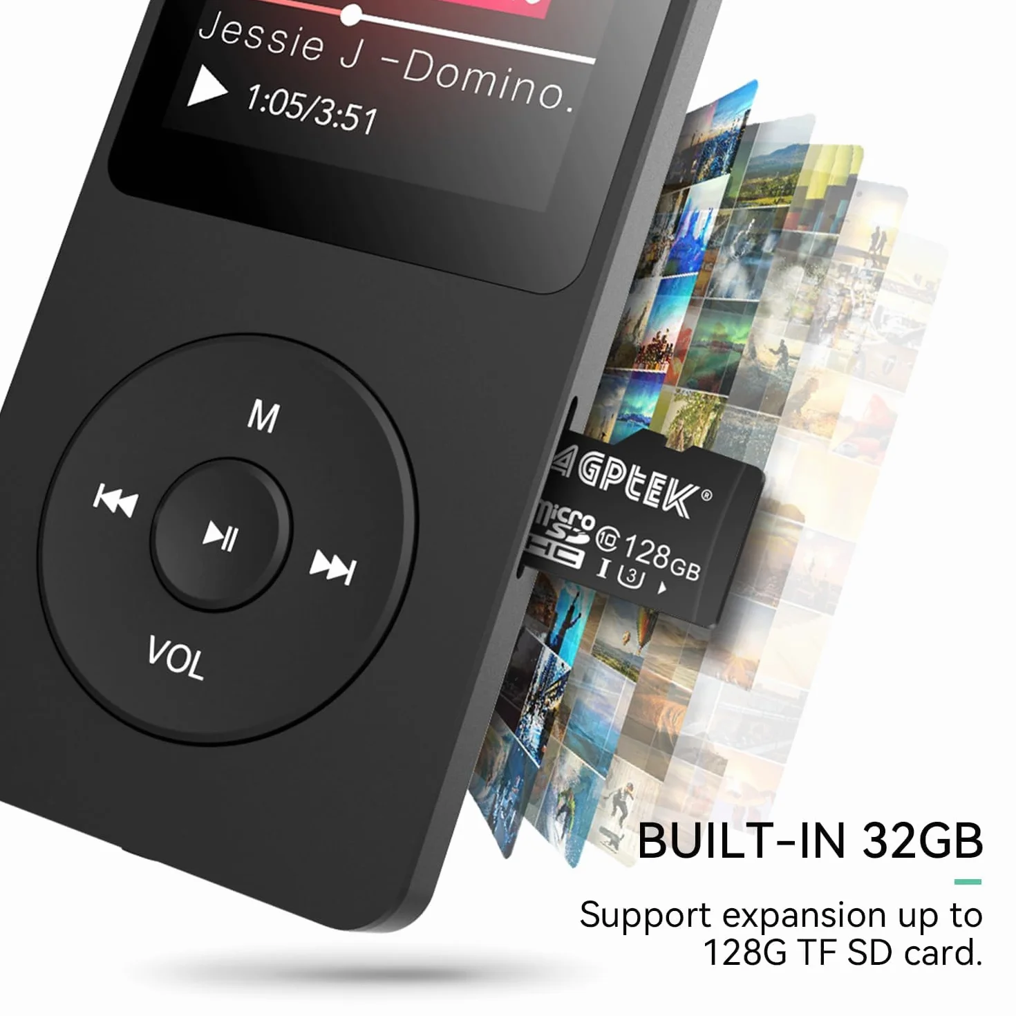 AGPTEK Odtwarzacz MP3 32 GB Bluetooth 5.0, 1,8" 70 godzin odtwarzania cyfrowy dziecięcy odtwarzacz MP3 z radiem FM, do 128G (bez słuchawek) czarny
