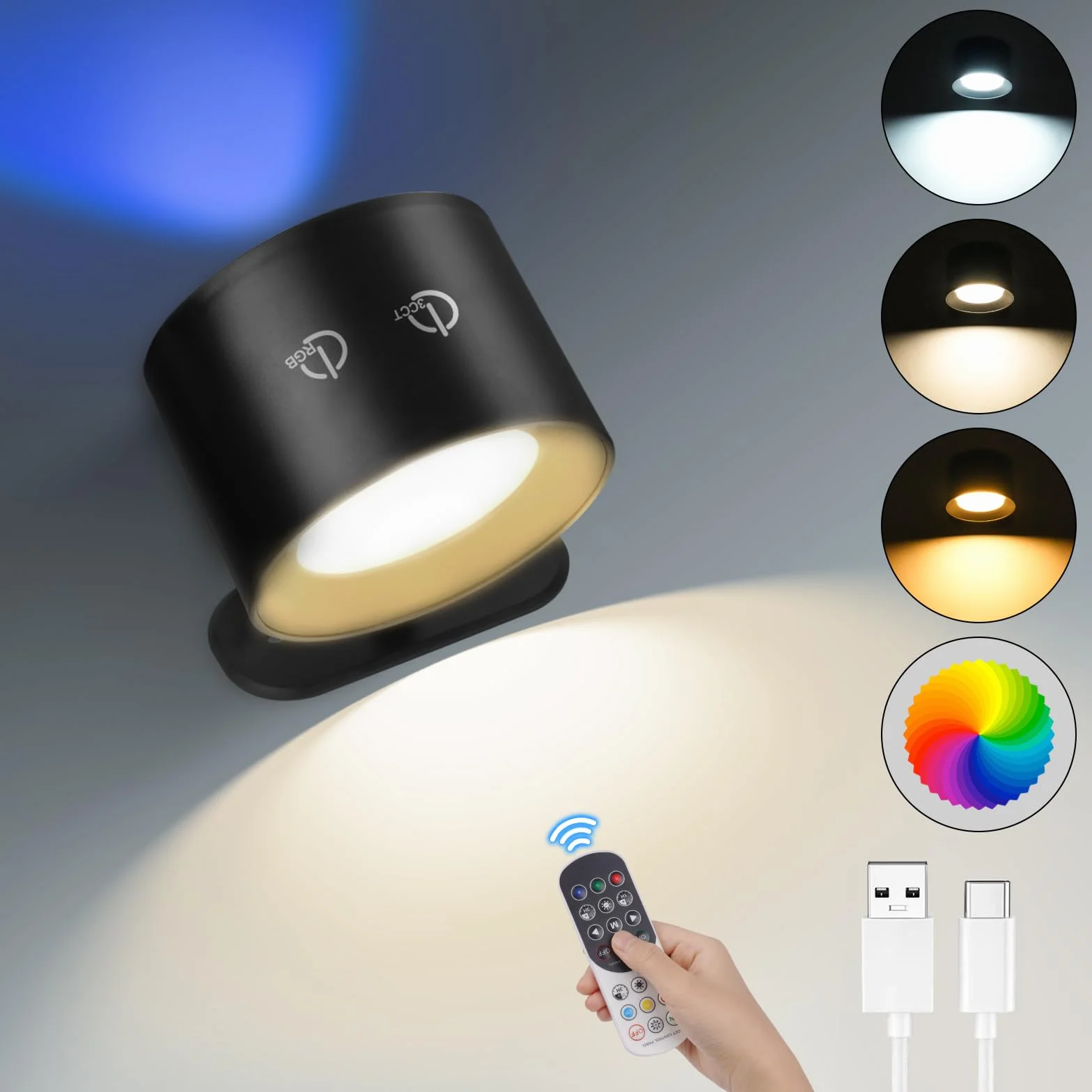 HOTUT Kinkiet Wewnętrzny, Obrotowa Lampka Nocna 360°, Ładowalna Lampa Ścienna Led z Pilotem, 12 Kolorów RGB, 3 Temperatury Barwowe Dla Łóżka, Sypialni, Salonu, Czarny