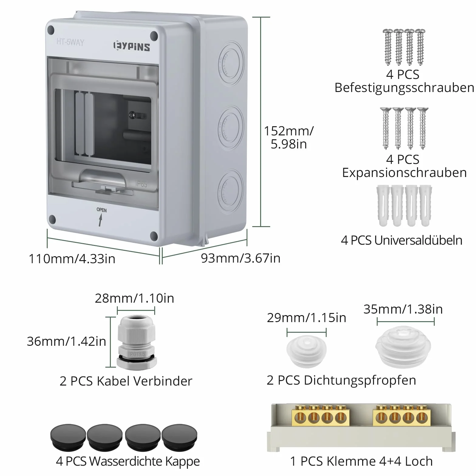 EYPINS Zewnętrzna tablica elektryczna 5 modułów, skrzynka rozdzielcza ścienna, wodoodporna IP65, na zewnątrz, do ogrodu (110 x 152 x 93 mm)