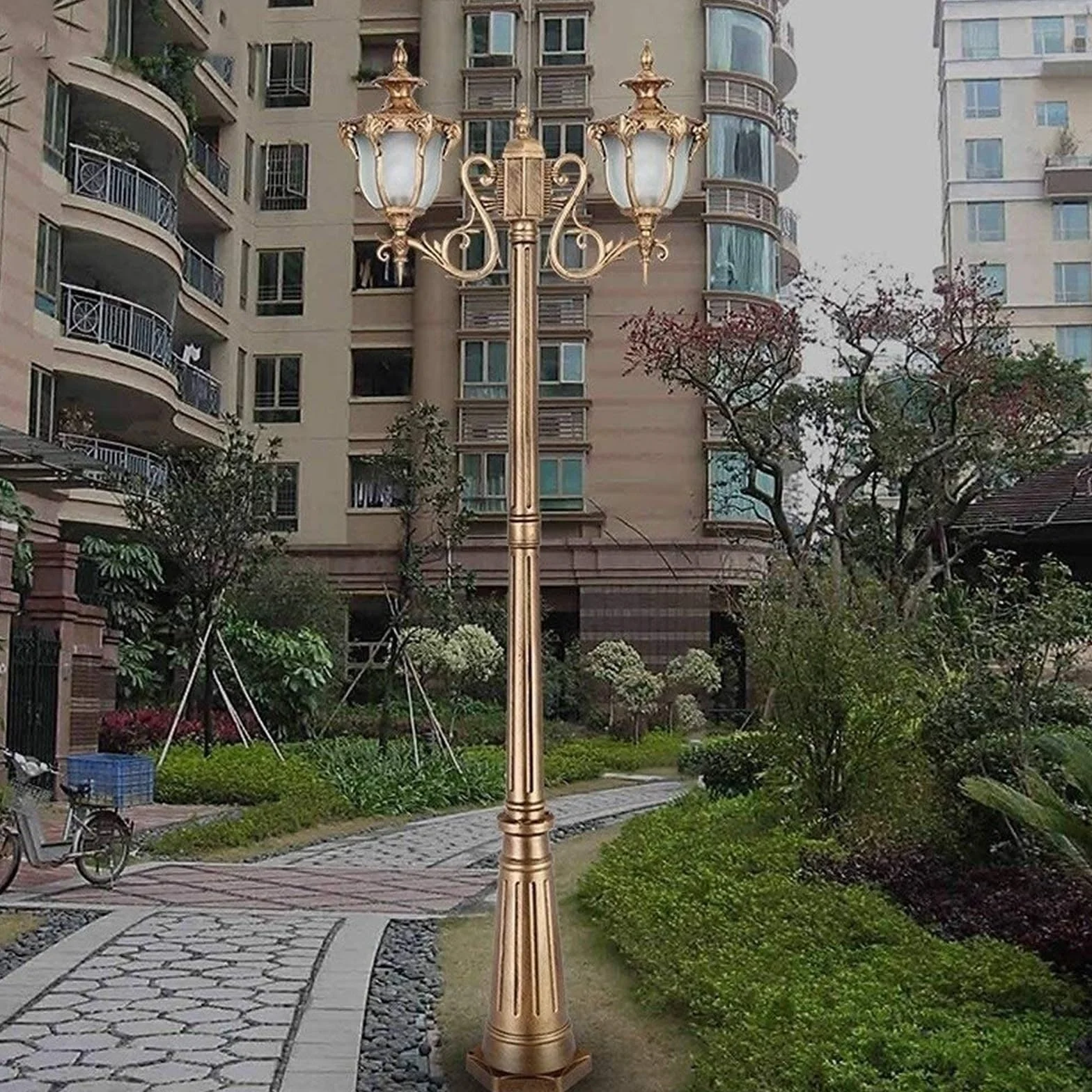 Lampy Solarne Na Słupku, Zewnętrzne Lampy Ogrodowe, Zewnętrzne Lampy Ogrodowe Na Słupku, Lampa Uliczna E27, Wodoodporna, Aluminiowa, Szklana, W Stylu Vintage, Podwój,2.4m