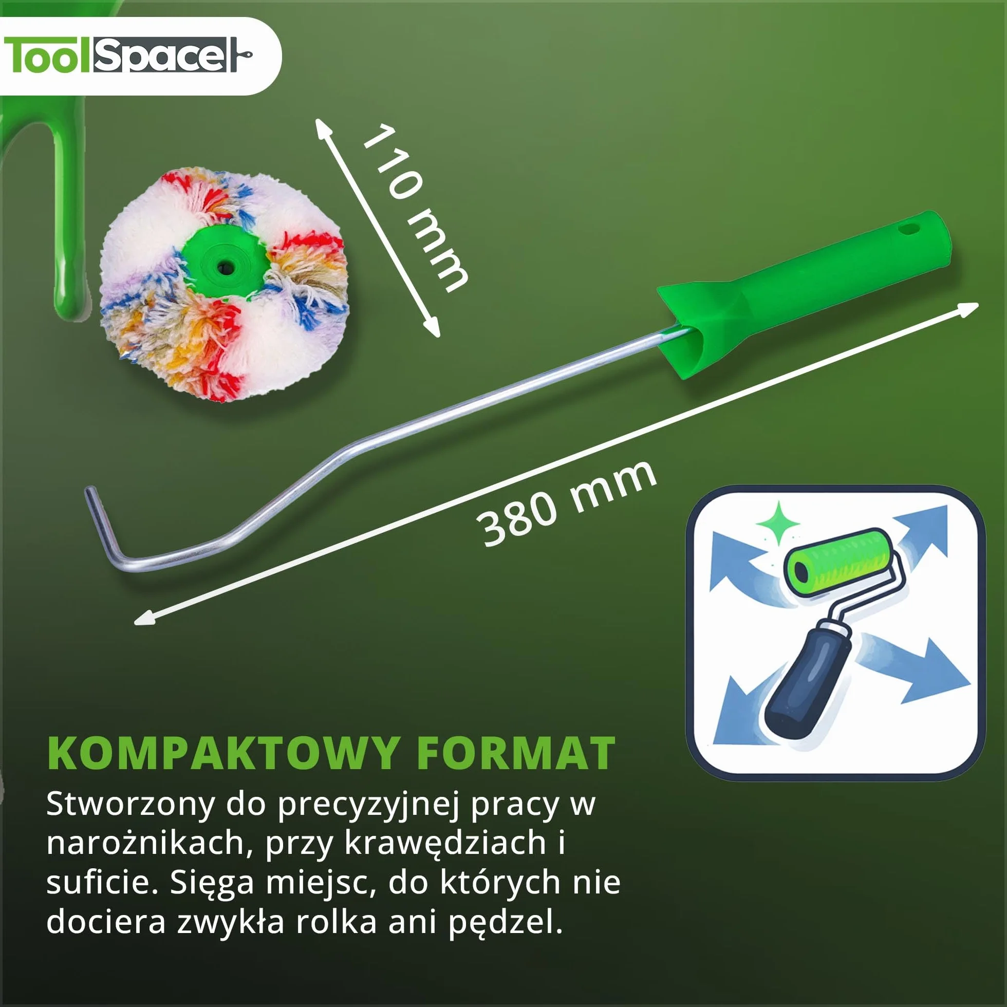 ToolSpace Wałek malarski, wałek narożny, profesjonalny wałek malarski, Ø 10,5 cm z rączką 39 cm, wałek malarski poliakrylowy, wałek narożny wewnętrzny, do farb ściennych - dla Wygodnej Pracy