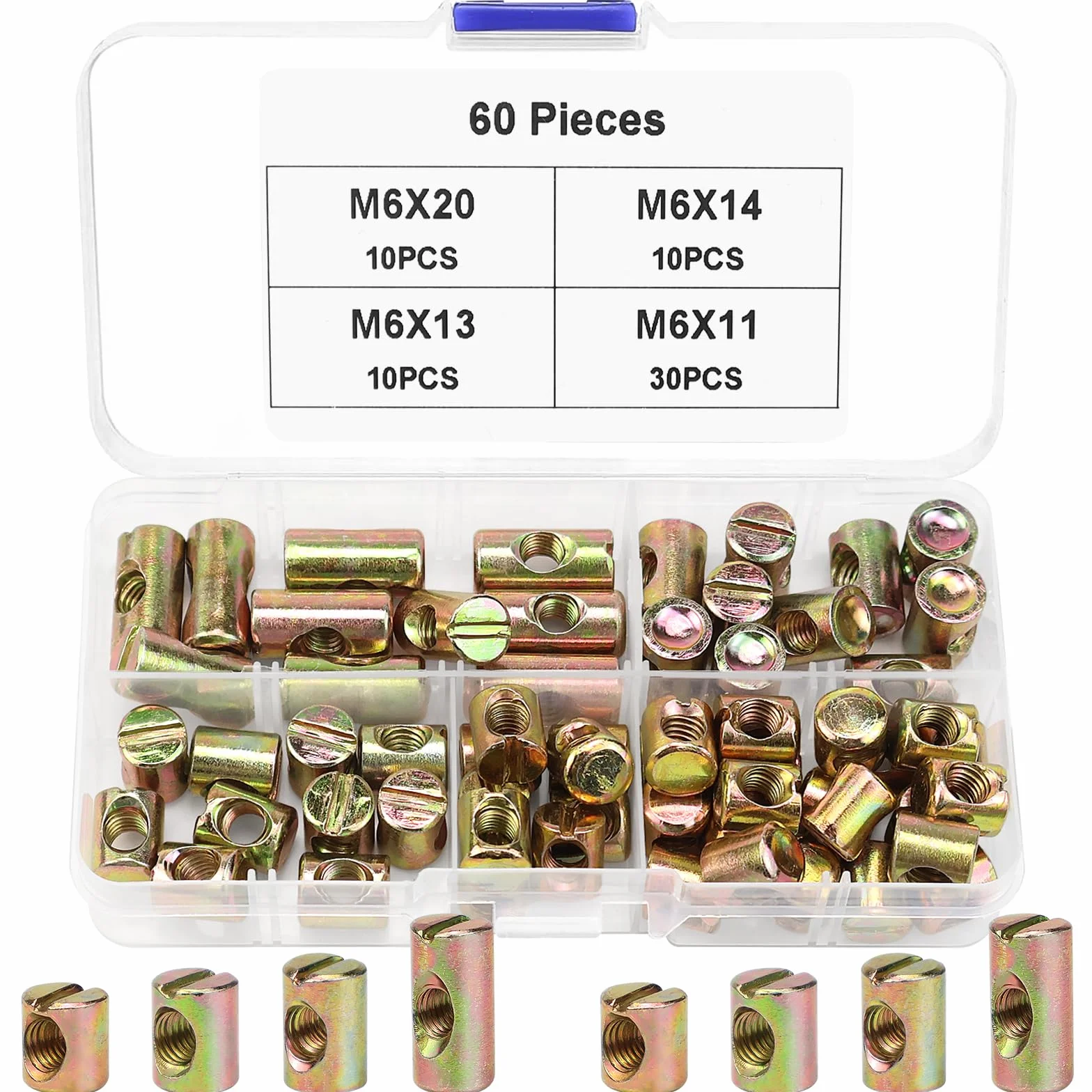 60 sztuk nakrętek poprzecznych M6 nakrętka cylindryczna do mebli, łóżek, krzeseł, 11 mm, 13 mm, 20 mm, 24 mm