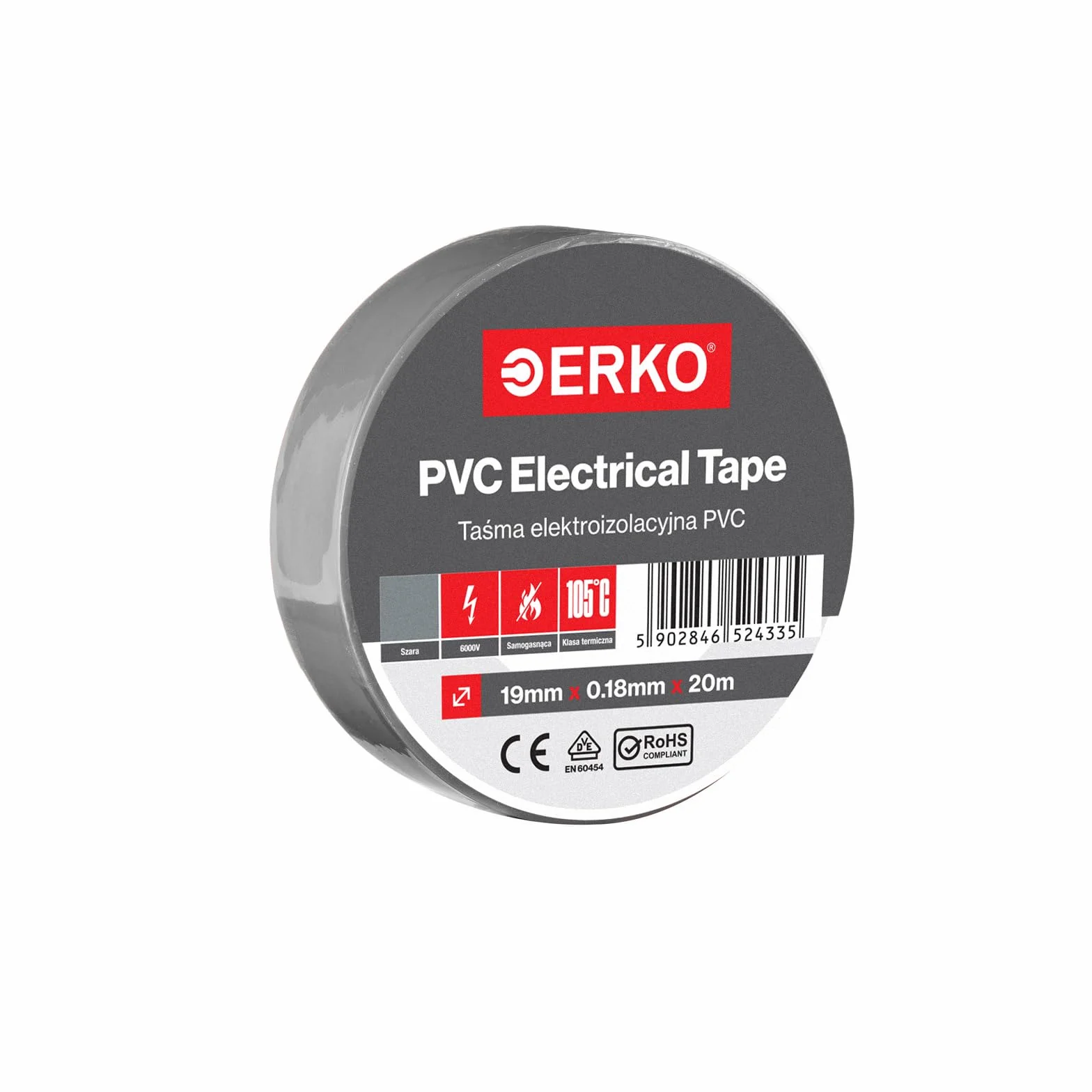 ERKO Taśma izolacyjna, szara, 19 mm x 20 m, PCW, do naprawy przewodów elektrycznych, super elastyczna, bardzo mocna przyczepność, odporna na chemikalia, uniwersalna