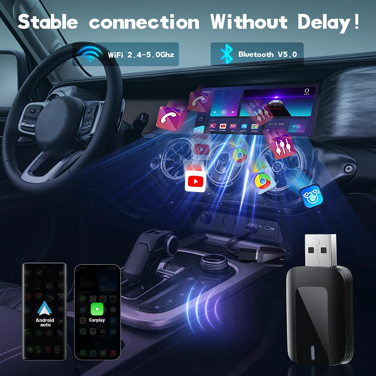 Bezprzewodowy adapter 2 w 1 do Android Auto i CarPlay, Stick przekształca przewodowy Android Auto/Carplay w bezprzewodowo, kompatybilny z samochodami AA i CarPlay, Plug & Play, stabilne połączenie