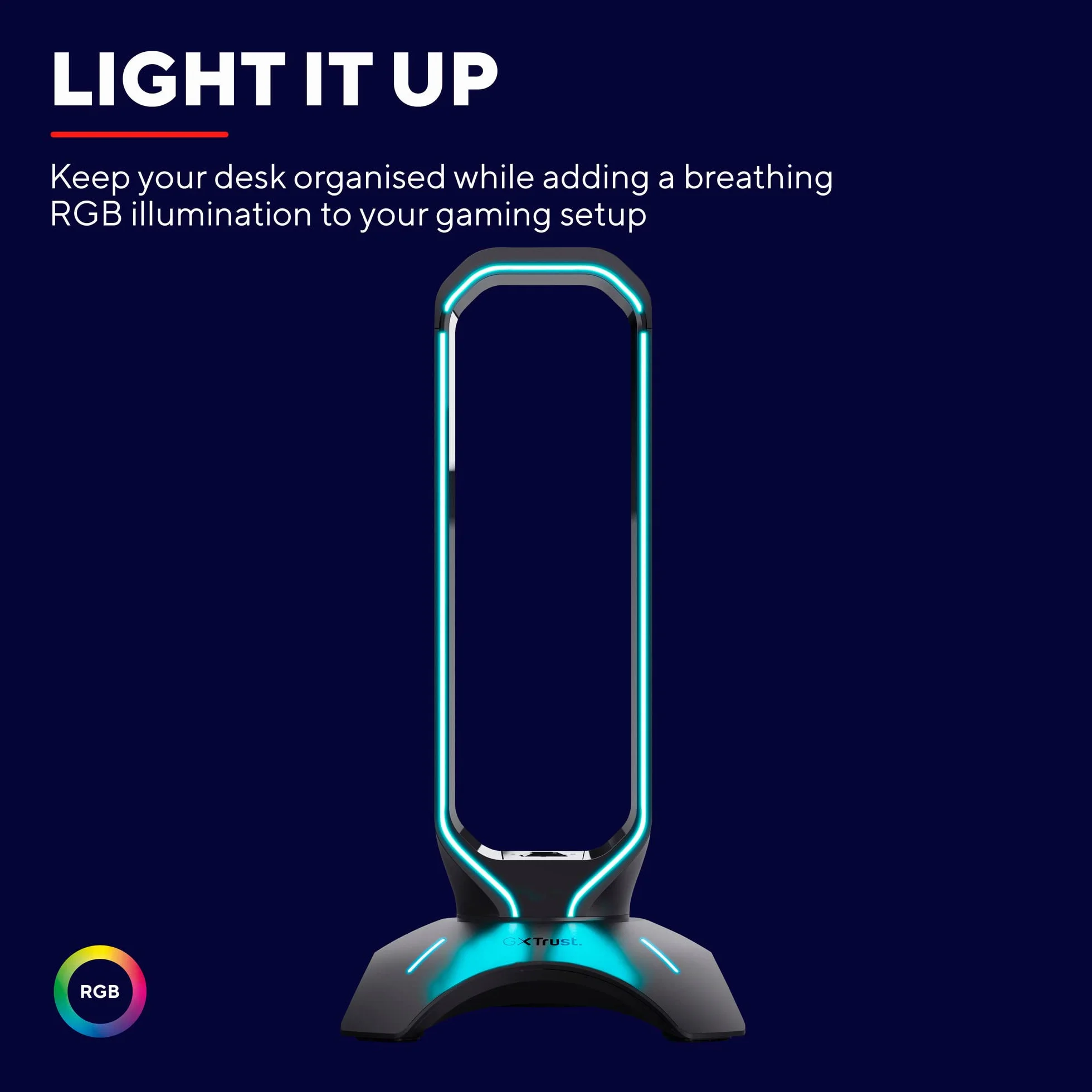 Trust GXT 265 Cintar stojak na słuchawki do gier, podświetlany stojak LED RGB na słuchawki, 2 dodatkowe porty USB-A, uniwersalne dopasowanie, kabel 1,5 m, antypoślizgowa podstawa - czarny