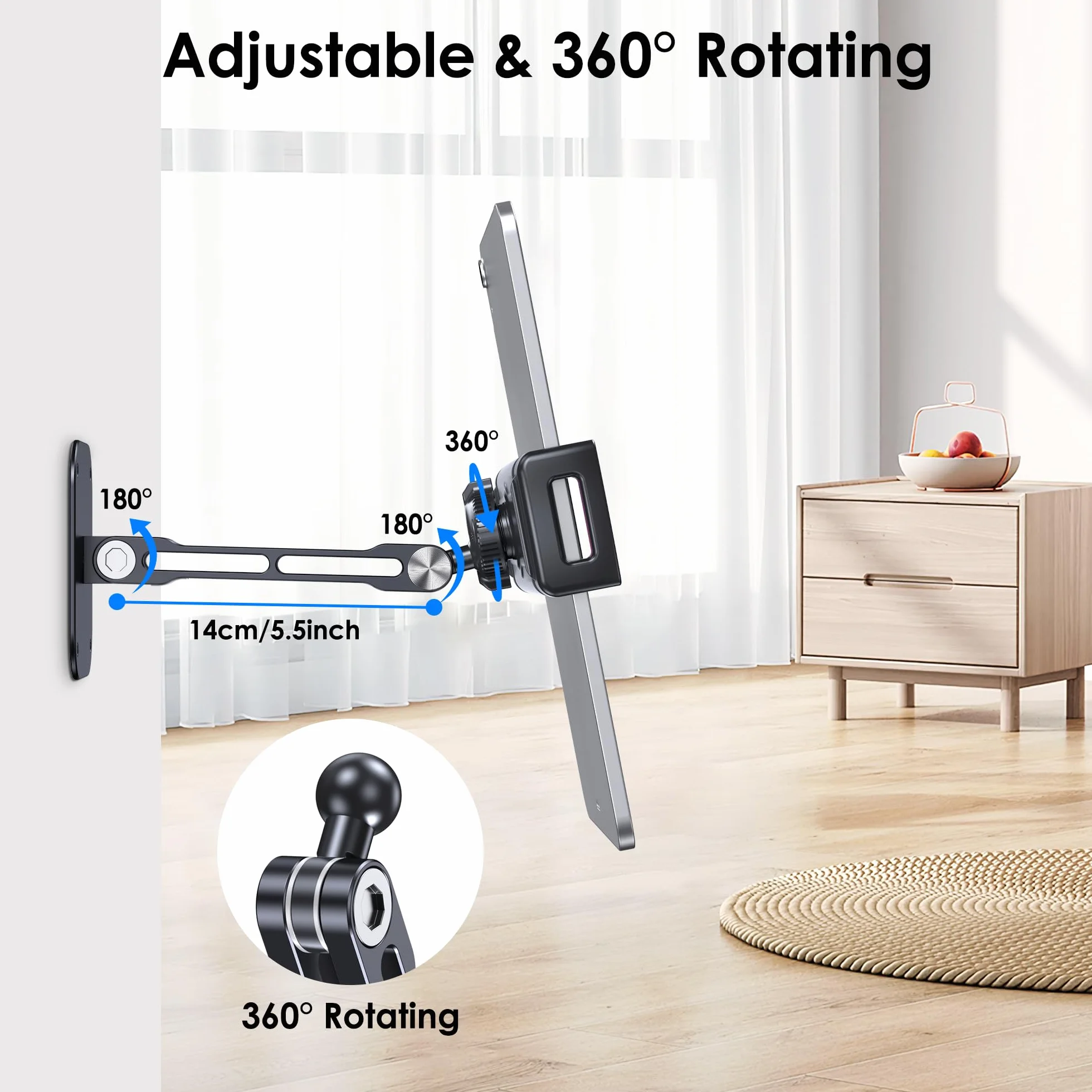 Aluminiowy składany uchwyt ścienny na tablet z regulowaną 360° podstawą obrotową do iPada Pro Air Mini, Galaxy Tab, tabletów 11.9-33.0 cm
