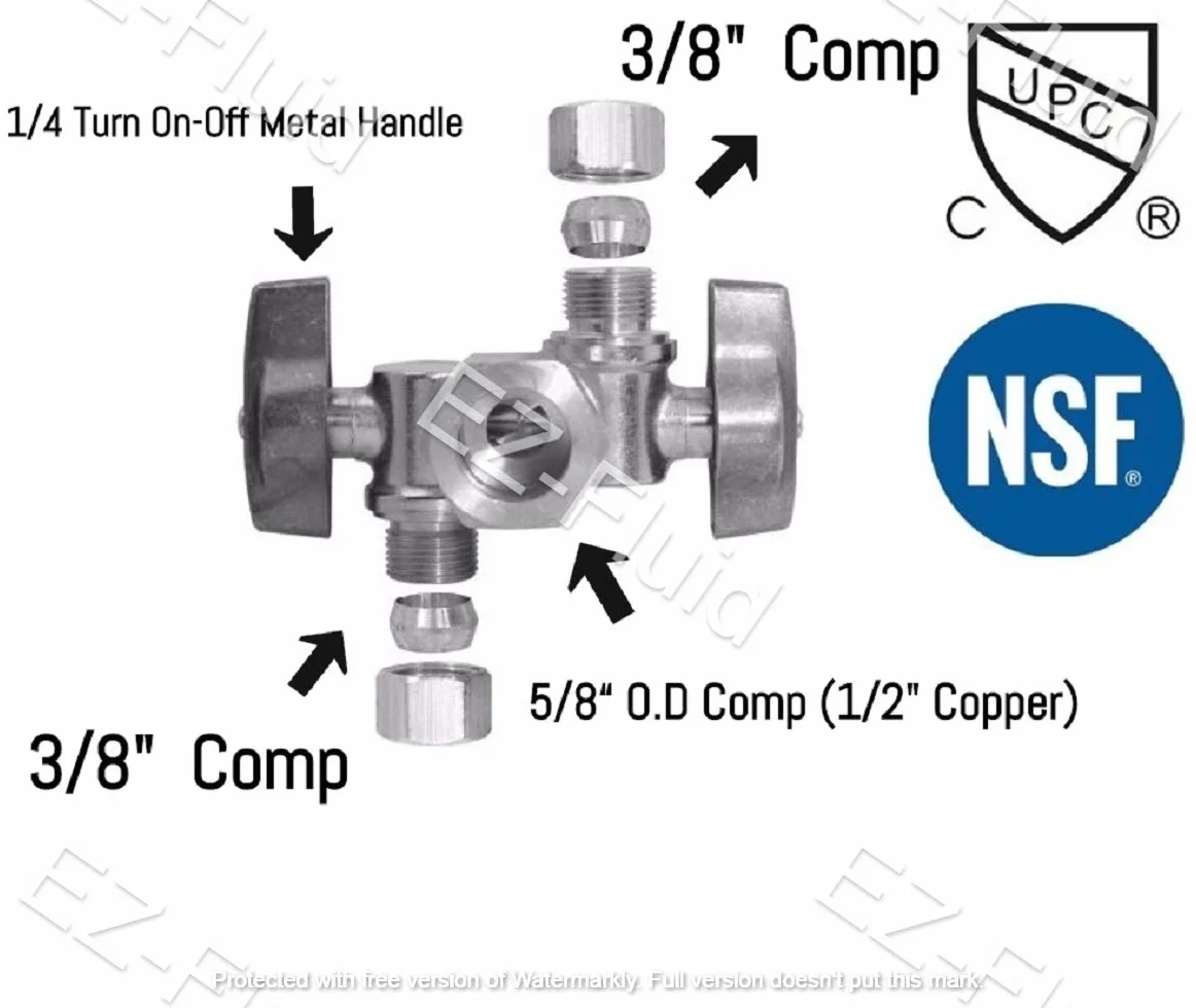EZ-Fluid 5/8" Comp. O.D X 3/8" Comp X 3/8" Comp 1/4 Turn Podwójne uchwyty chromowany mosiężny zawór odcinający wodę do rur wodnych, bezołowiowy, do zaworu toaletowego, zmywarki, filtra (1)