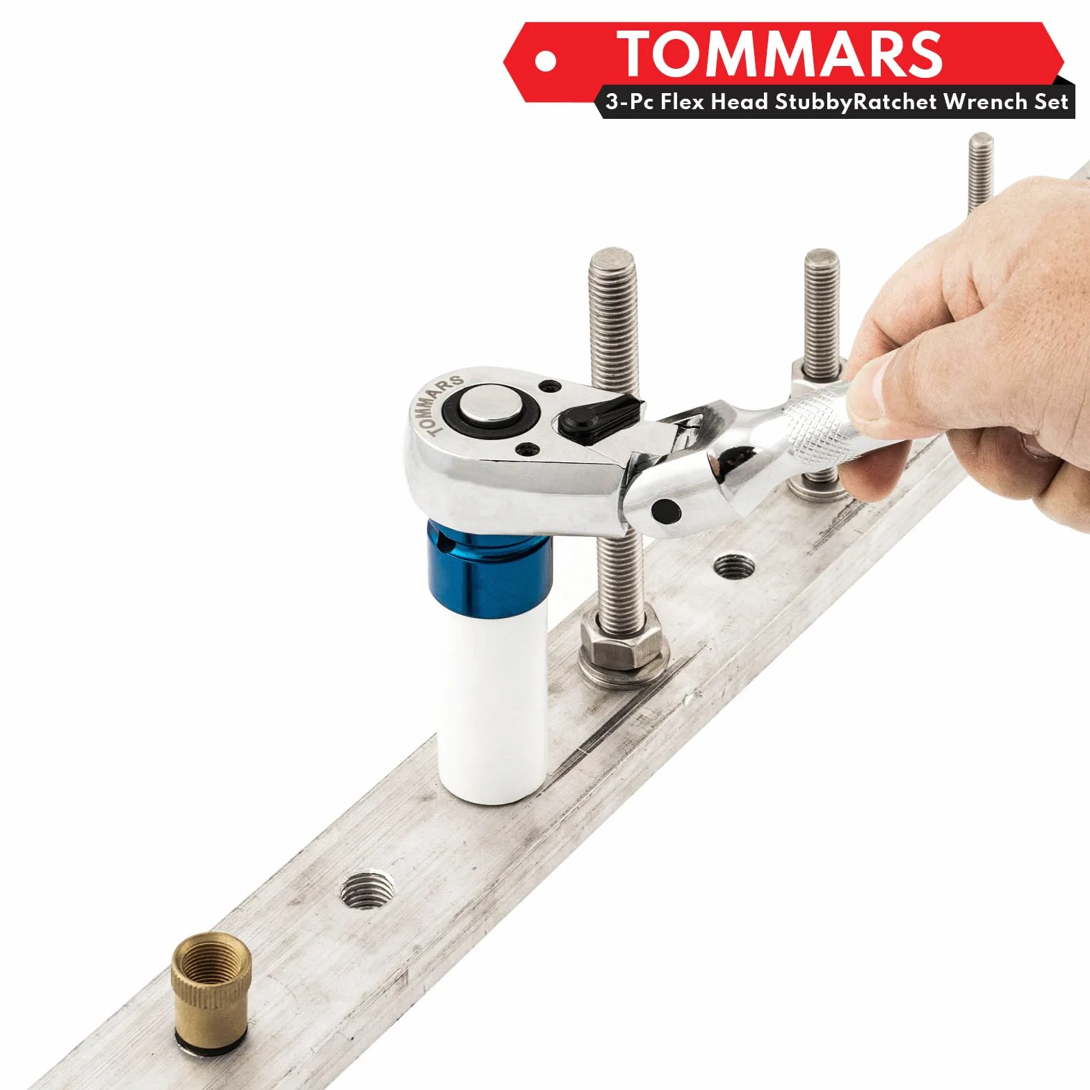 TOMMARS Flex-Head Stubby Zestaw grzechotkowy, 1/10.2 cm, 3/20.3 cm, 1/5.1 cm, elastyczny mini klucz z grzechotką, 72-zębowy szybkozłączny, odwracalny