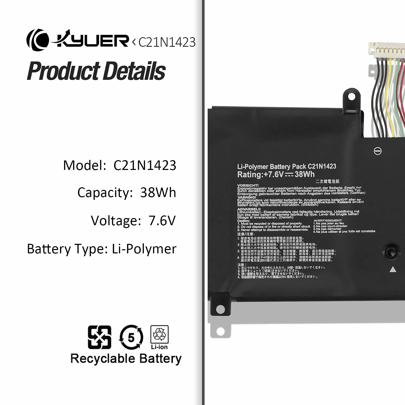 K KYUER 38Wh C21N1423 Bateria do Asus X302L X302LA X302LJ X302U X302UA X302UJ X302UV R301L R301LA R301LJ R301U R301UA R301UV P302L P302A P302LJ P302U P302UA F302L F302LA F302LJ F302UA F302UJ F302UV