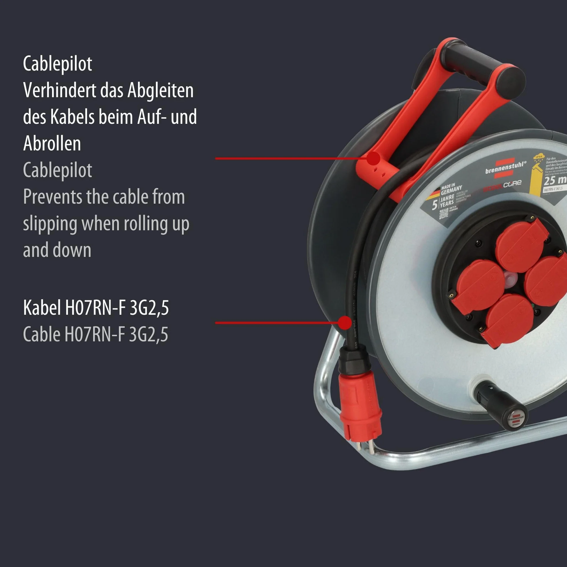 Brennenstuhl Professional SteelCore bęben kablowy SC 2200 IP44 (25 m H07RN-F 3G2,5, korpus bębna z blachy stalowej, zastosowanie na placu budowy i stałe użytkowanie na zewnątrz, Made in Germany)