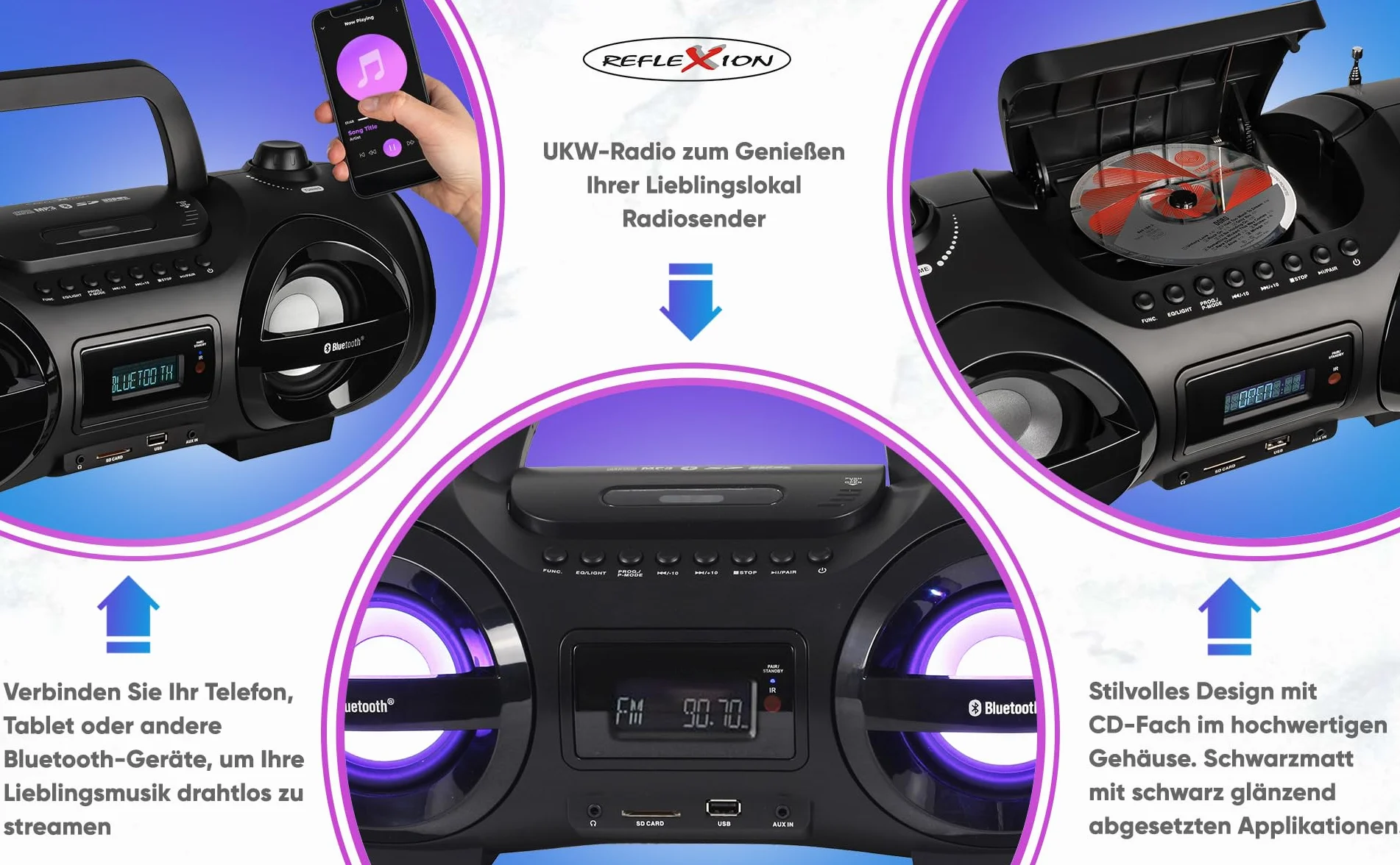 REFLEXION CDR900BT przenośny boombox Bluetooth radio FM MP3 USB SD CD 200 W czarny