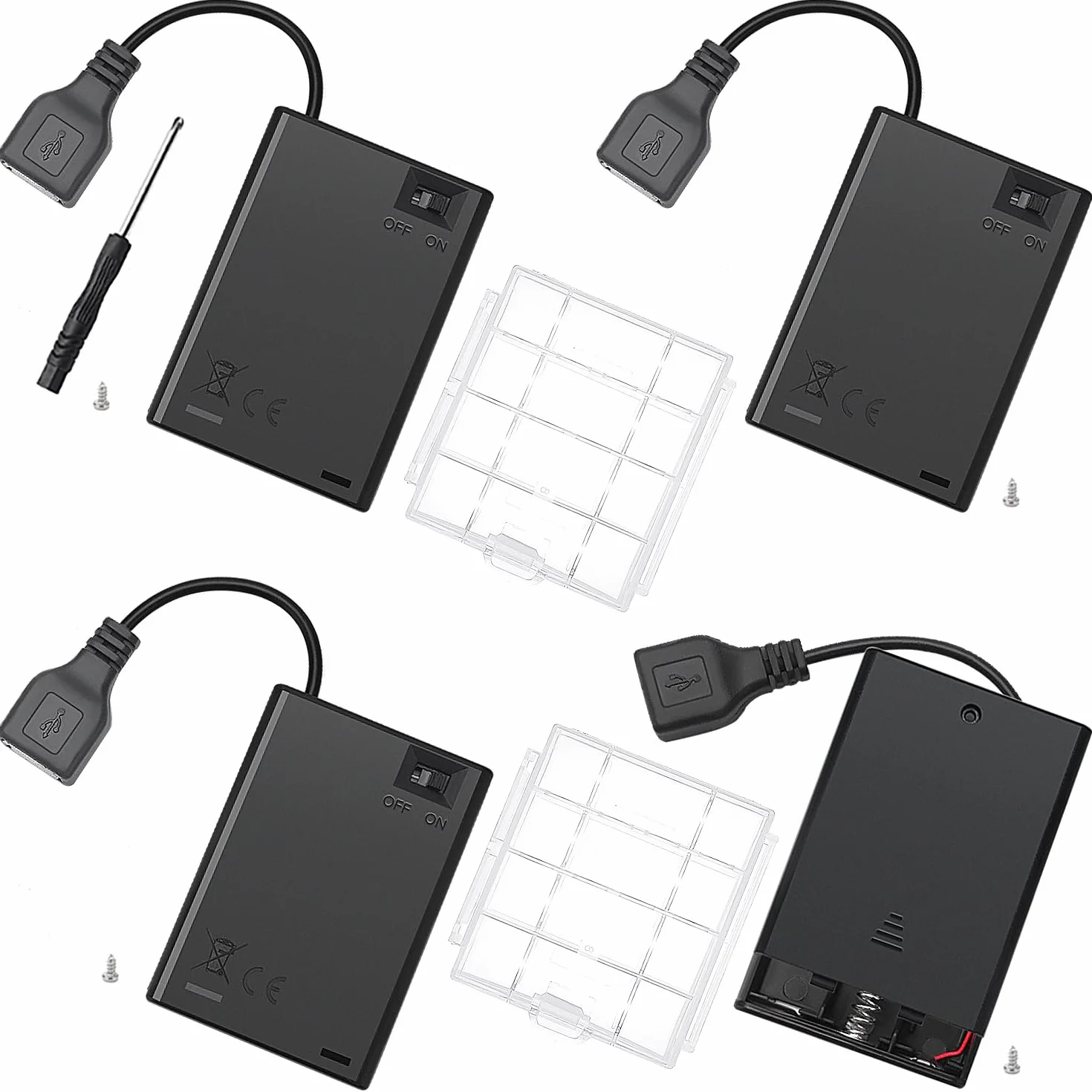 KUOQIY 3 Uchwyt Baterii AA z Gniazdem Żeńskim USB 4.5V Obudowa z Włącznikiem i Pokrywą Zestaw 4 Sztuk