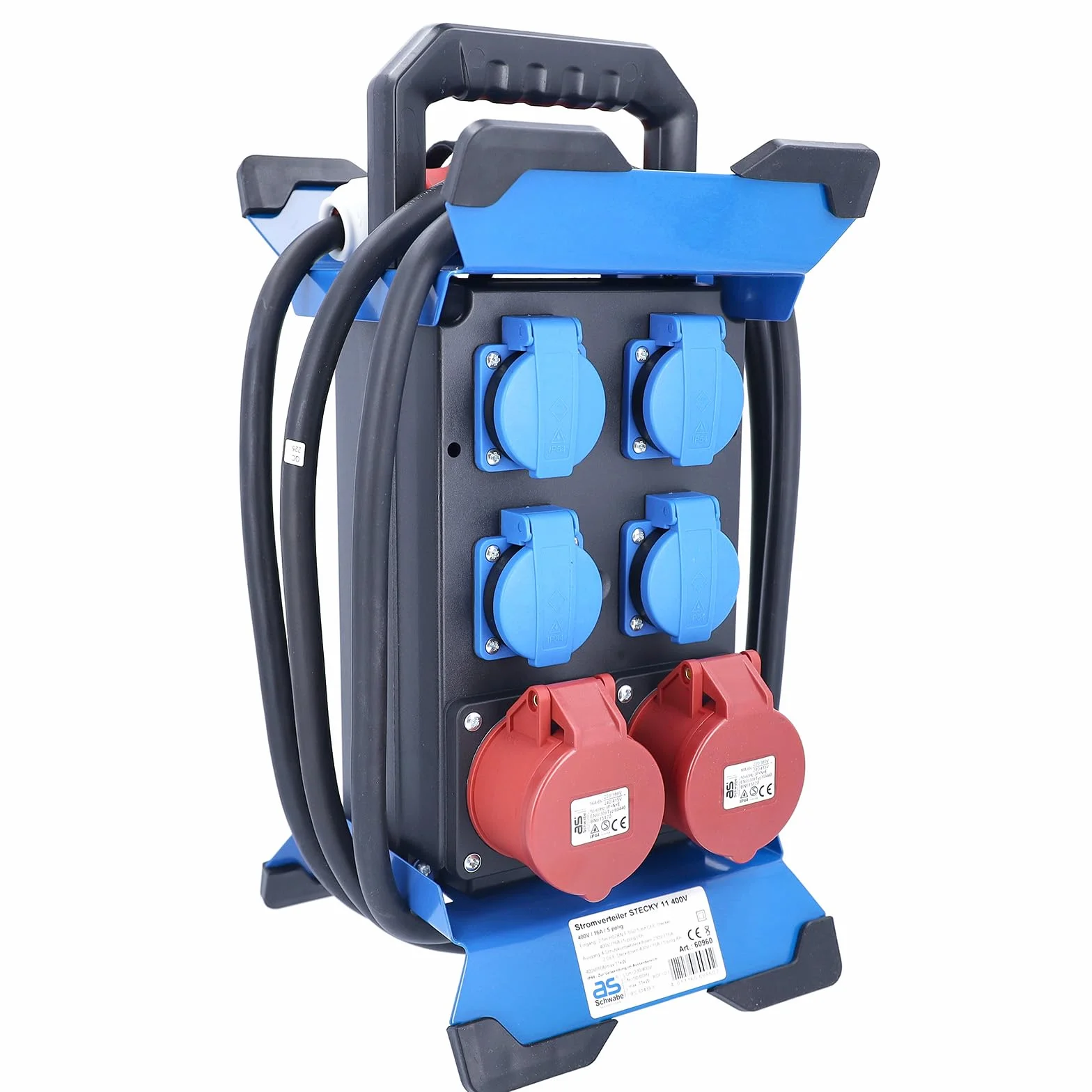 Schwabe STECKY 11 CEE-Stromverteiler 2,5 m Gummischlauchleitung H07RN-F 5G2,5 4 Schuko 230V 16A 2 CEE-Steckdosen 400V 16A IP44 Schwarz