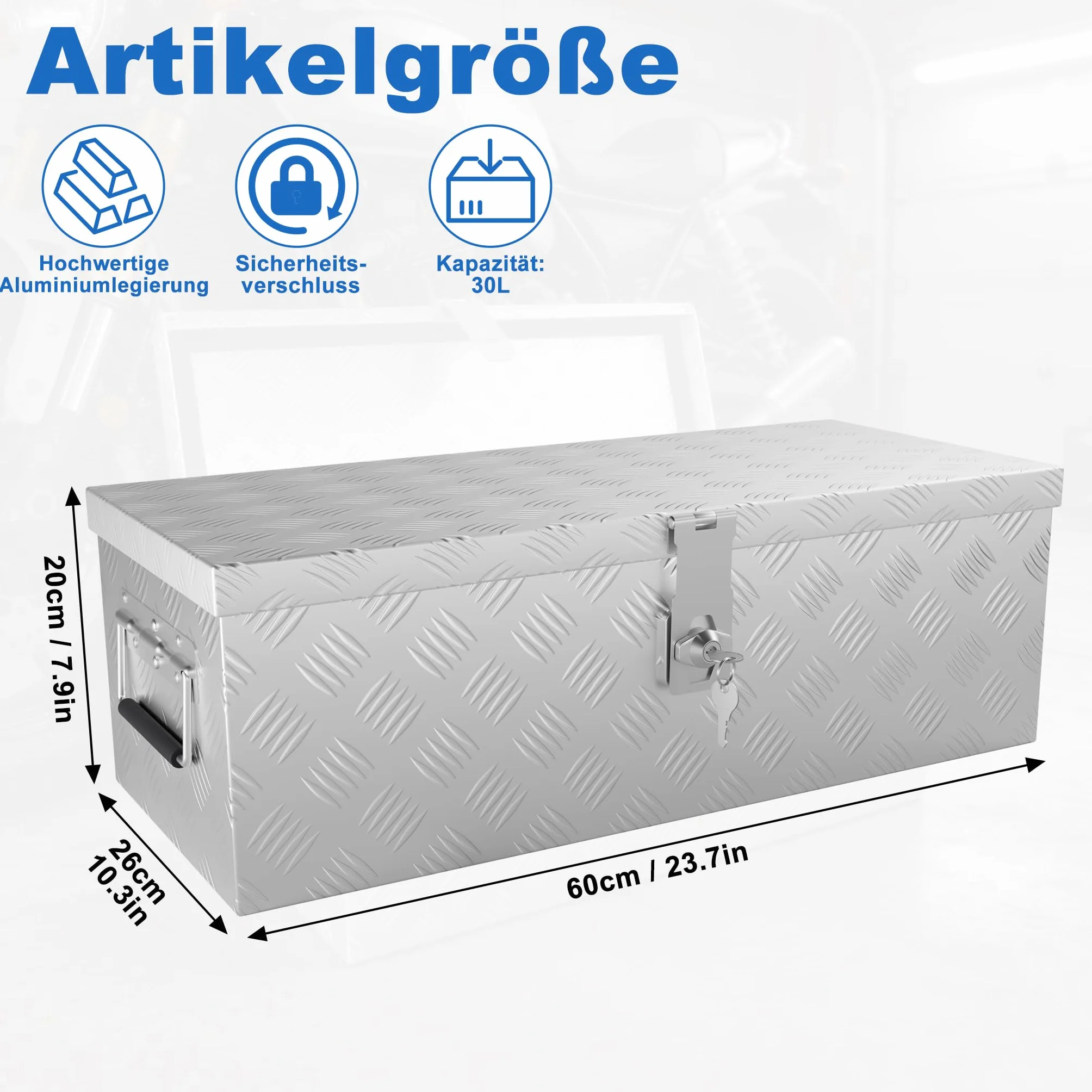 ACXIN Pudełko do przechowywania, aluminiowe pudełko na narzędzia, 600 x 260 x 200 mm, aluminiowa skrzynka na narzędzia z zamkiem i 2 kluczami, wytrzymała, zamykana skrzynka na dyszel, stabilna i