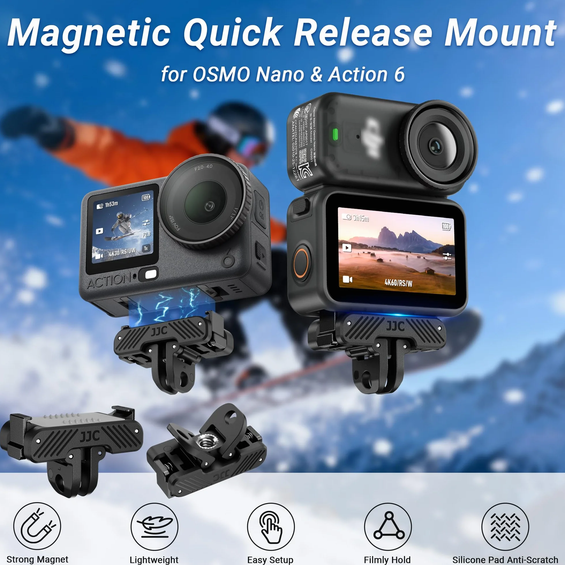 JJC Osmo Nano magnetyczny adapter szybkiego uwalniania do akcesoriów DJI Osmo Action 6 Nano, magnes dwukierunkowy, zastępuje uchwyt szybkiego zwalniania OEM, składane pazury i otwór na śrubę 1/4"-20