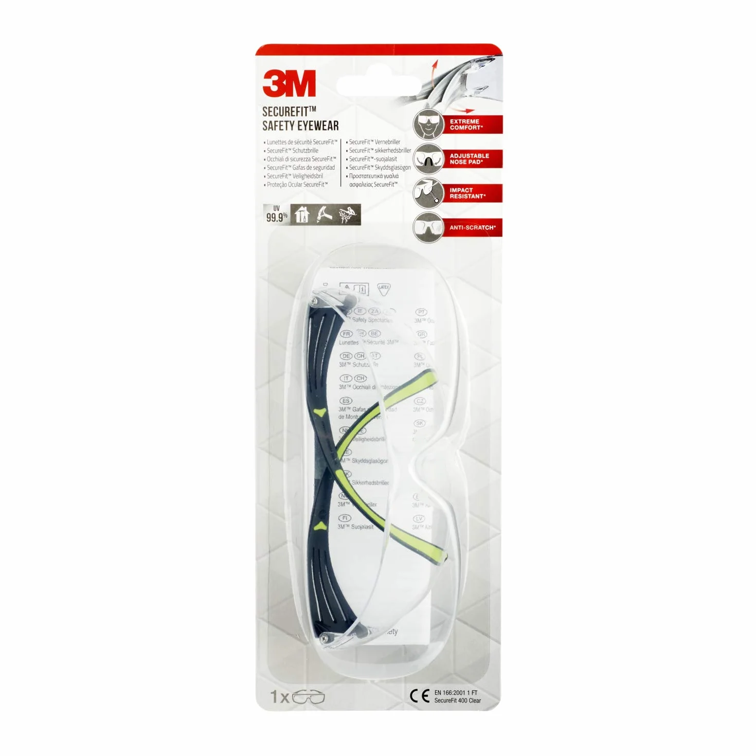 3M Okulary ochronne SF400 CC1, przezroczyste – komfortowe okulary ochronne z powłoką zapobiegającą zarysowaniom – obustronna powłoka chroniąca przed promieniowaniem UV, zarysowaniem i zaparowaniem